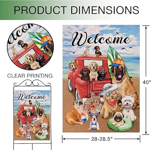Miniatura 8 de Bandera de bienvenida para casa de playa de camión rojo de verano con perros de verano, de doble cara, para recoger cachorros de mar y océano azul,