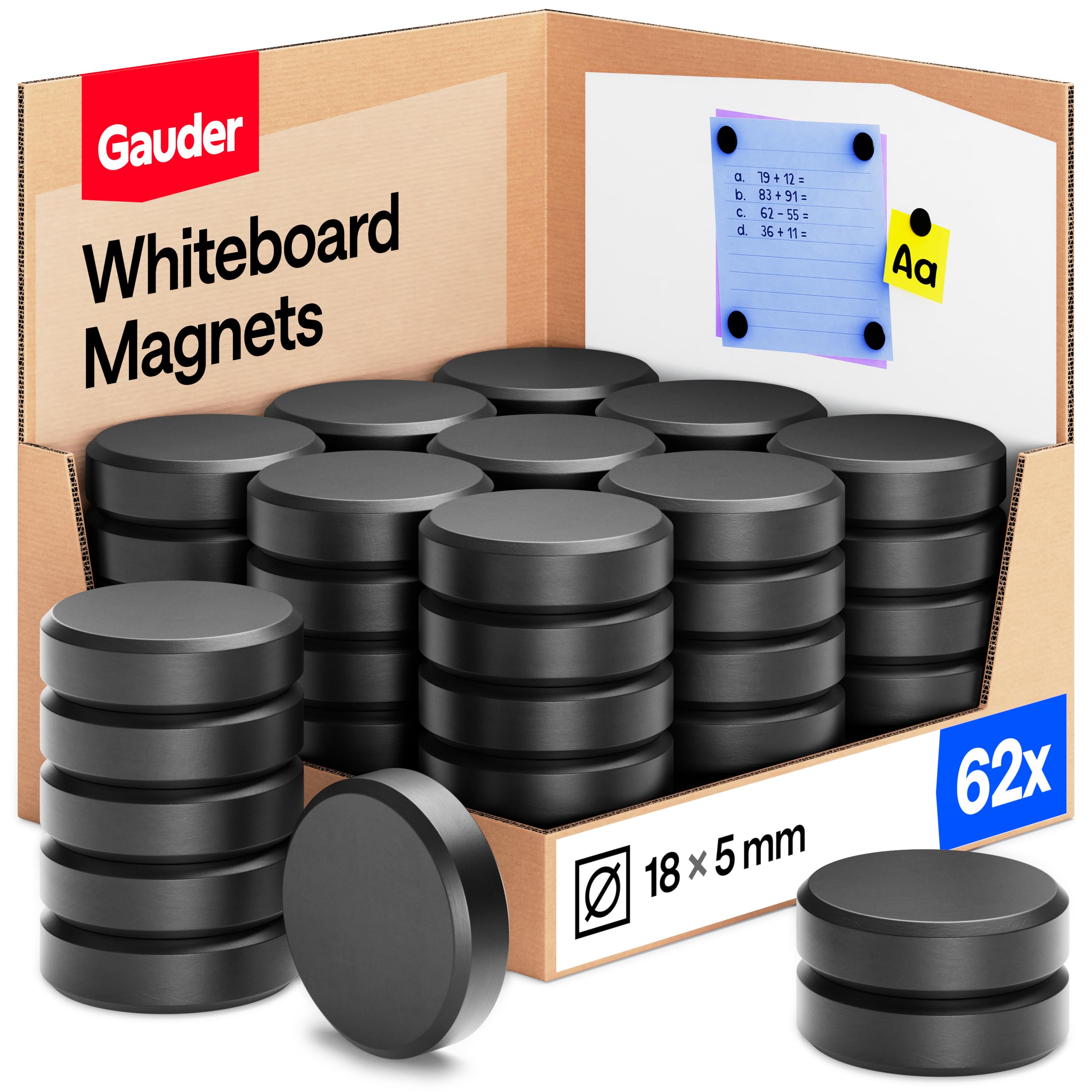 GAUDER Magnets for Whiteboard, Fridge & Notice Board - Strong Round Magnetic Discs - Black Magnets for Crafts (62 Pieces - 18 x 5 mm)