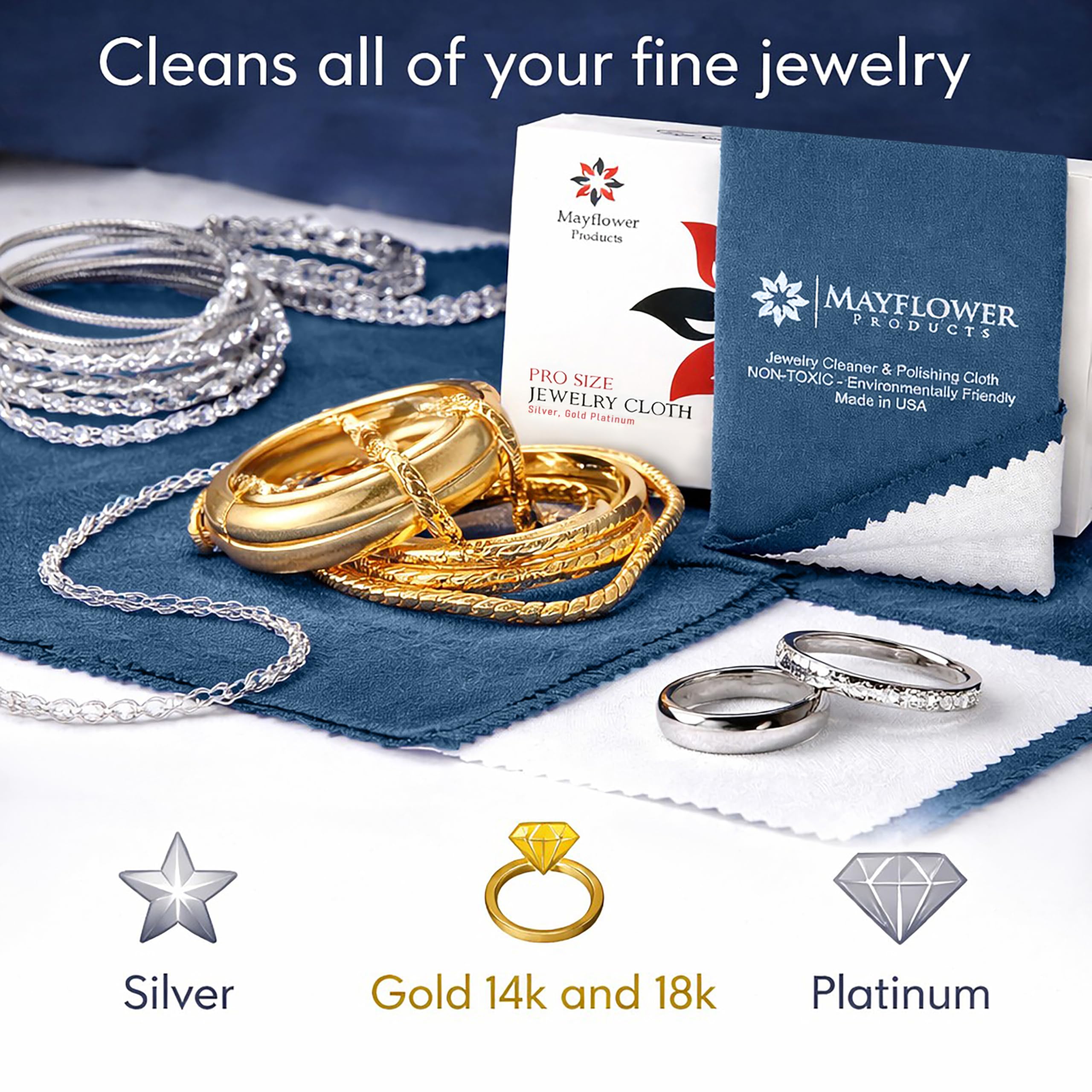 Mayflower Premium-Schmuckreinigungstuch, hergestellt in den USA. Poliertuch aus Sterlingsilber für Gold, Platin und Diamanten. Entfernt Anlaufen, stellt Glanz wieder her. Wiederverwendbarer