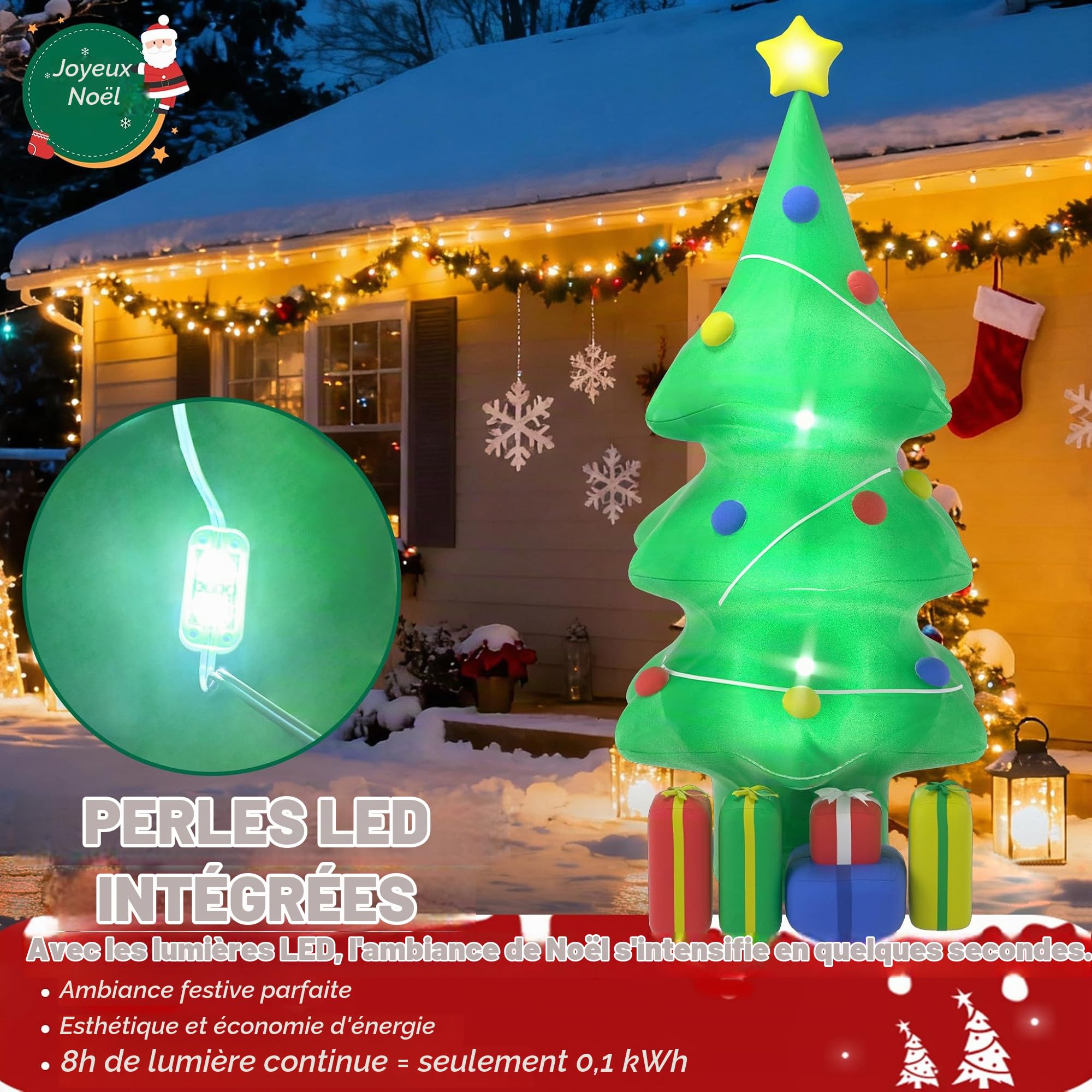 LZQ Décoration de Noël gonflable - 150 cm - LED blanche - Avec cadeau - Figurine de Noël gonflable pour l'extérieur et l'intérieur - Décoration de Noël pour jardin, terrasse, balcon