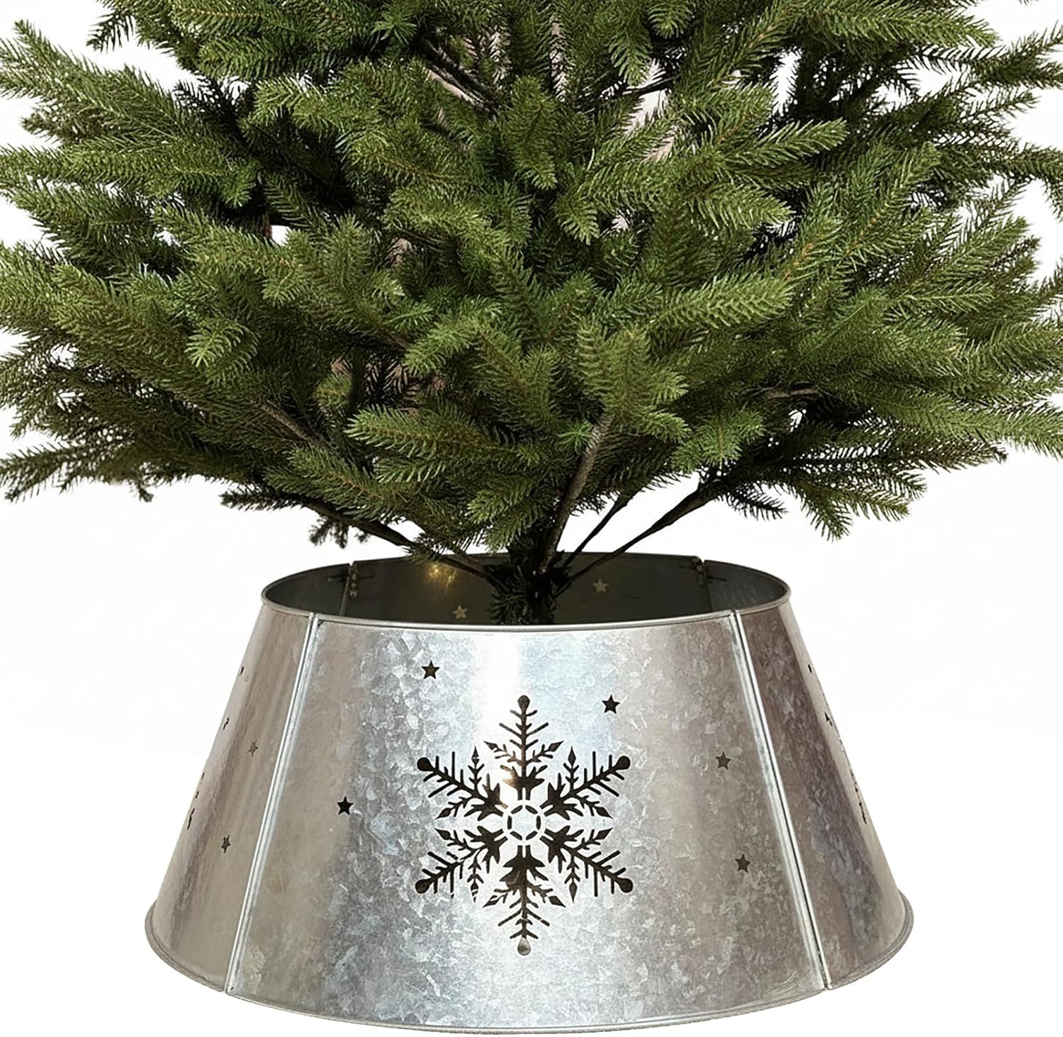 15.5″ Galvanized Christmas Tree Collar, Snowflake Diecut Metal Christmas Tree Collars for Artificial Trees, Beautiful Tree Collar for Pencil Tree Decorates Your Home for The Holidays 15.5″ Galvanized Christmas Tree Collar, Snowflake Diecut Metal Christmas Tree Collars for Artificial Trees, Beautiful Tree Collar for Pencil Tree Decorates Your Home for The Holidays