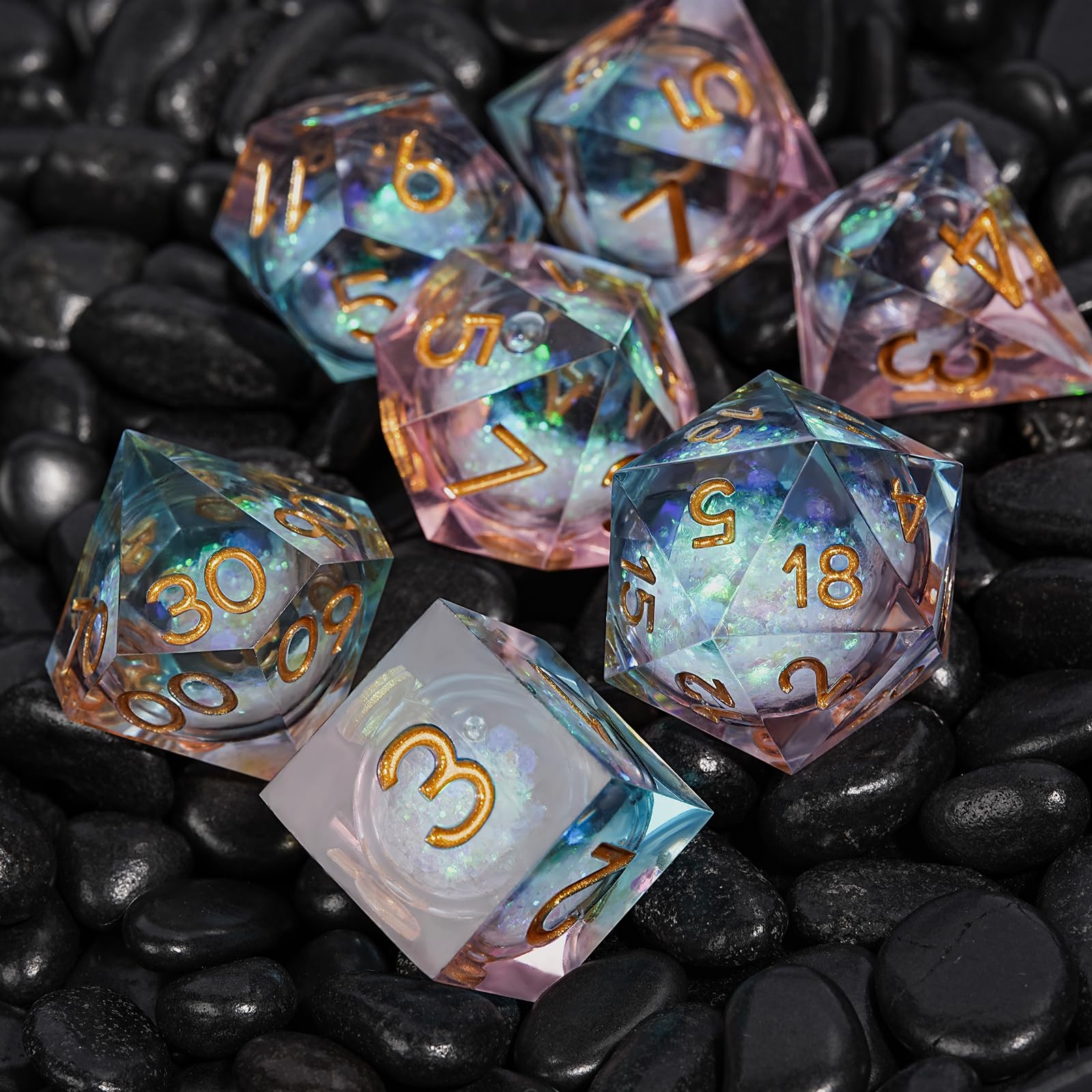 HKDZ Liquid Core DND Dice Set, Powder Blue Handmade Resin Sharp Edge 7Pcs Polyhedral Dice Full D20-D4 - Image 3