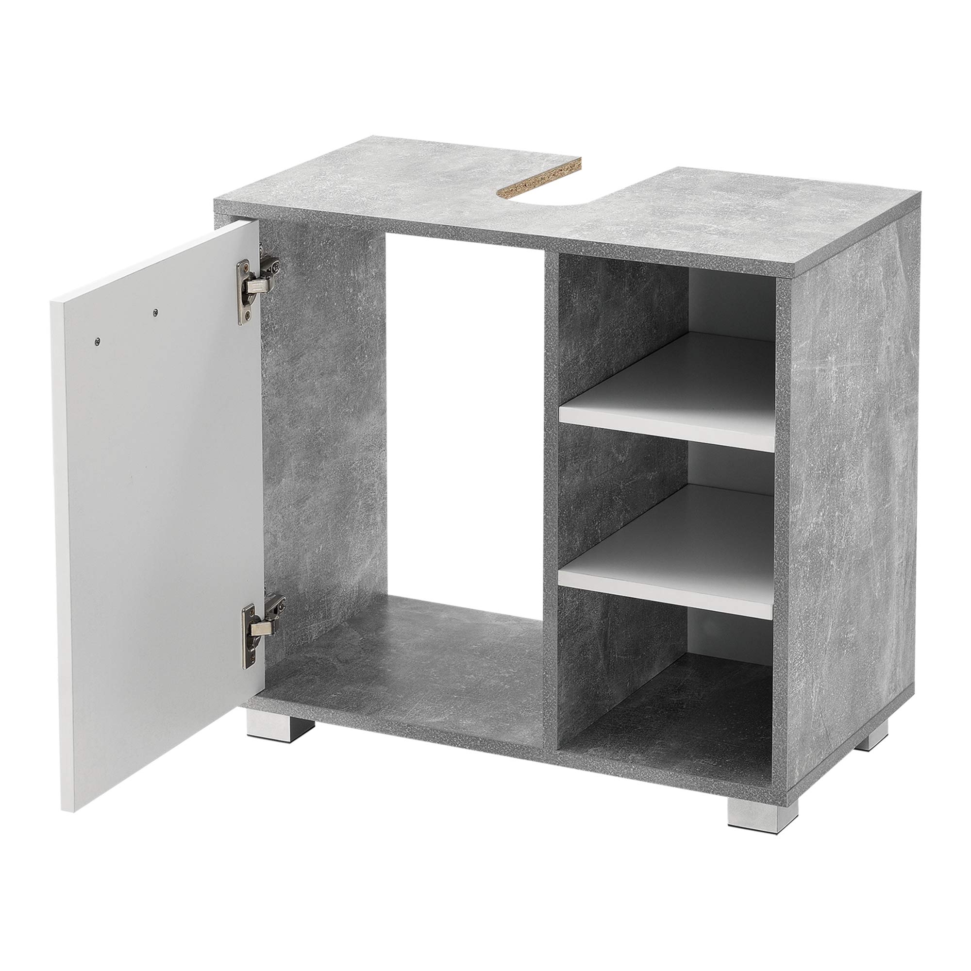 [en.casa] Mobile Sottolavabo da Terra Armadietto ad Anta e 3 Ripiani Regolabili in Altezza Mobiletto da Bagno Sotto Lavandino Ritaglio Sifone 56x60x31 cm - Effetto Cemento/Bianco