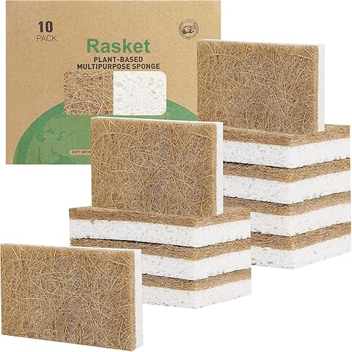 Paquete de 10 esponjas naturales biodegradables para cocina, esponja compostable de celulosa y nuez de coco, esponjas ecológicas para platos