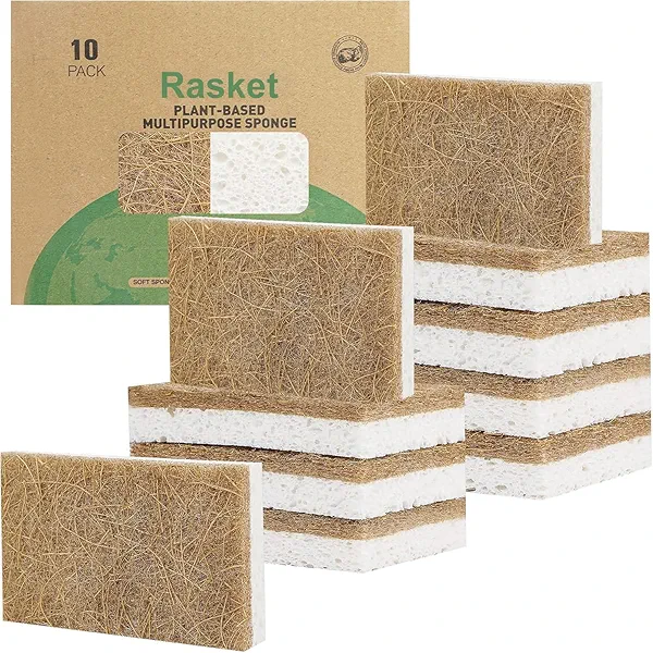Rasket 10 Pack Biodegradable Natural Sponges Kitchen - Compostable Cellulose and Coconut Walnut Scrubber Sponge - Eco Friendly Sponges for Dishes