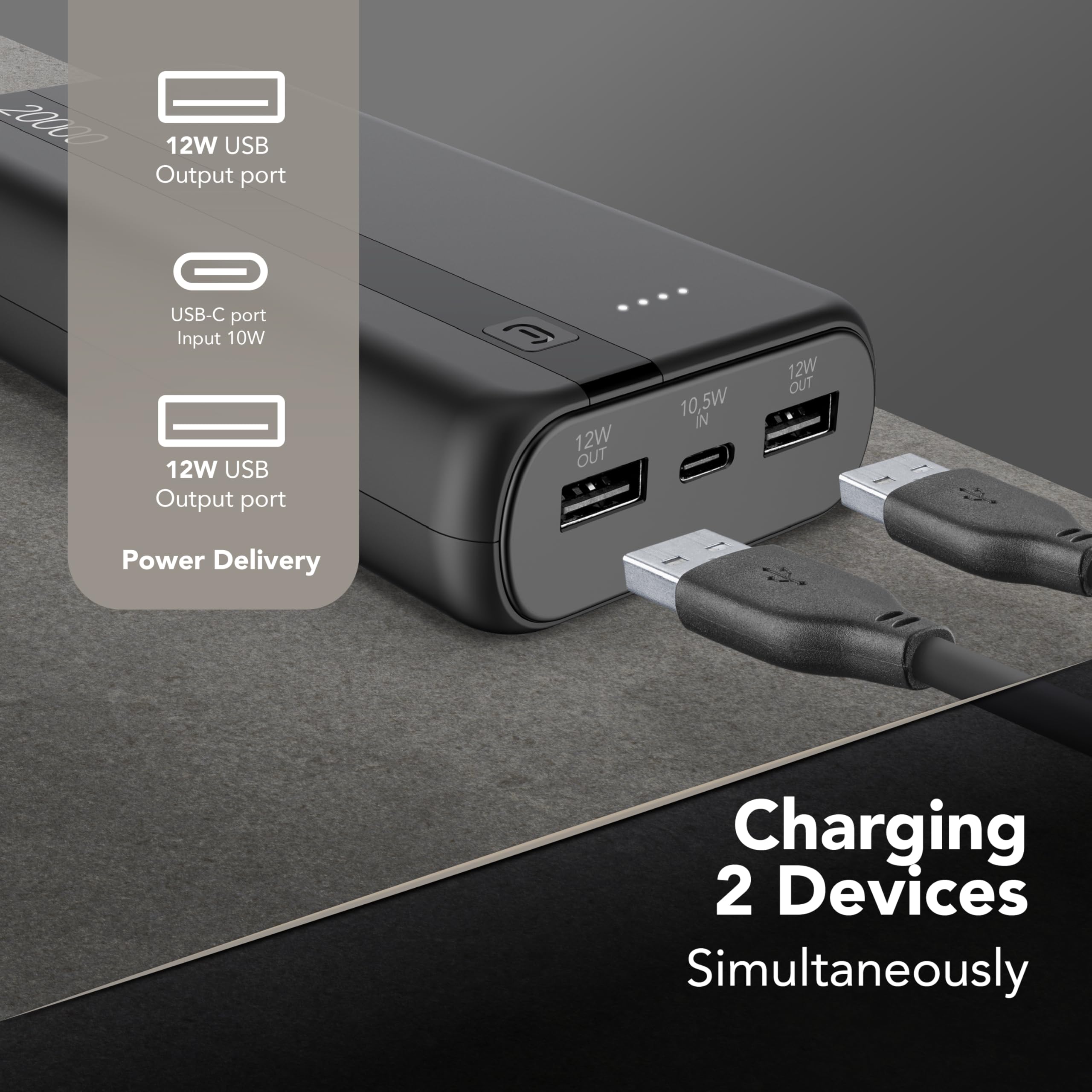 Cellularline - Power Bank 20000 - Capacità: 20000mAh - Input: 1xUSB-C 10.5W - Output: 1xUSB 12W - Celle: Li-ion Battery - LED luminosi indicano carica residua - Nero