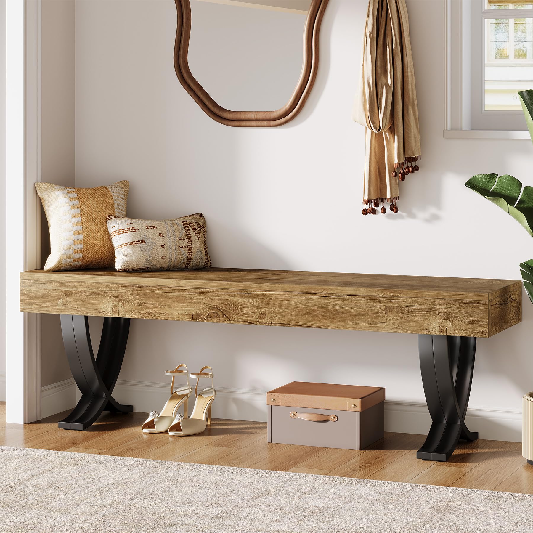 Tribesigns Entryway Shoe Bench, 55-Inch Wooden Shoe Bench with Metal X-Shaped Legs, Industrial Long End of Bed Stool with Seating for Bedroom, Living Room, Hallway, Porch
