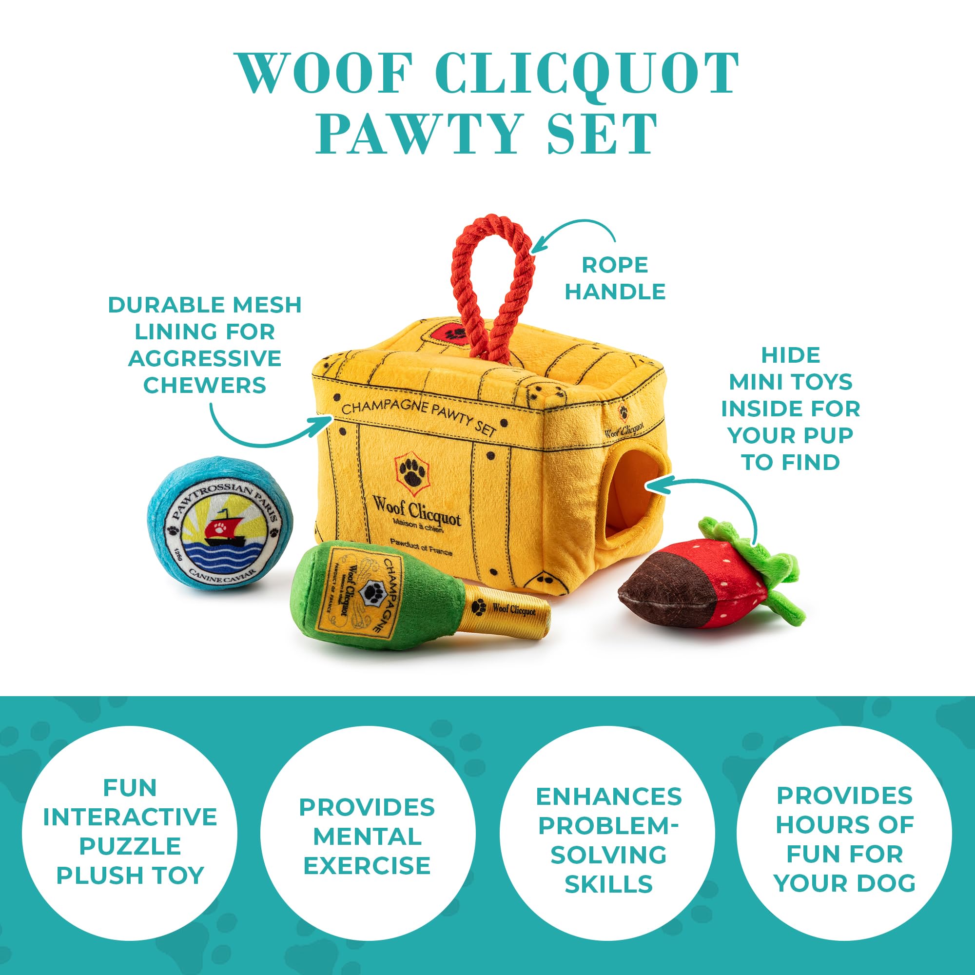 Haute Diggity Dog Woof Clicquot Pawty Ensemble de jouets en peluche pour chien avec couineur interactif, stimulant l'enrichissement des animaux de compagnie, lavable en machine et matériaux sûrs pour