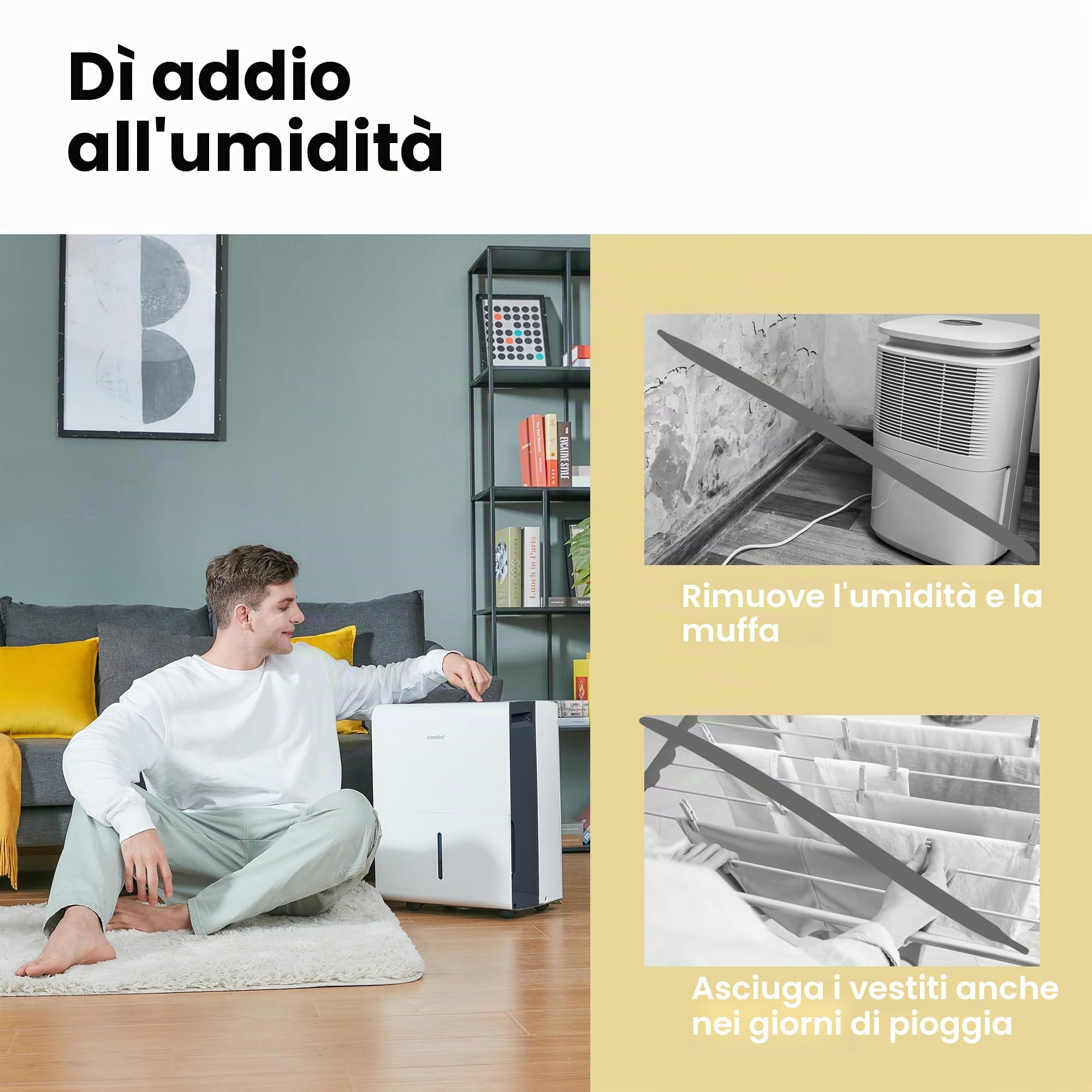 COMFEE' Deumidificatore 50L/giorno, Deumidificatore casa muffa adatto fino a 116㎡, Tanica da 6L, Ruote Piroettanti, Modalità Asciugatuta, Ridotta Rumorosità, MDDPE-50DEN7