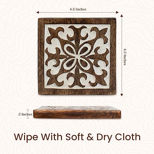 Miniatura 4 de DEVLA Juego de posavasos decorativos de madera de 4 pulgadas, tallados a mano con diseño antiguo blanco, 5 posavasos con soporte, marrón y blanco