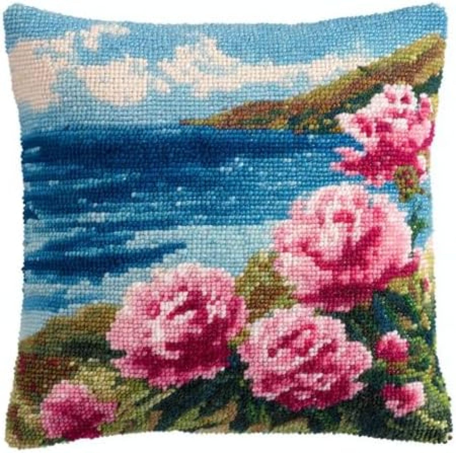 kitphoenix DIY Latch Hook Cushion Kit Peony Flowers and Sea Background,Beginner-Friendly Rug Hooking Pillow Kit,Crochet Craft Cushion Cover for Home Decor,43x43 cm-6