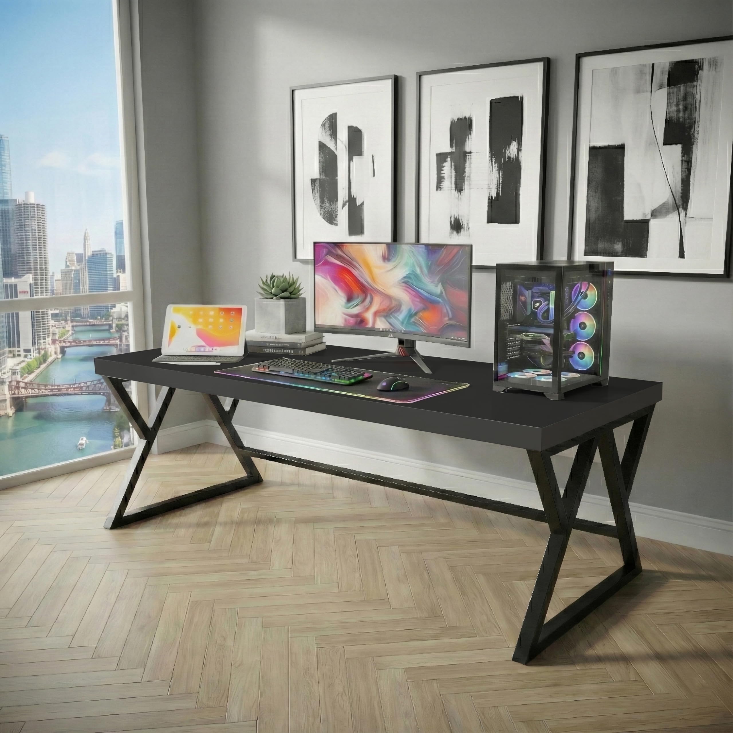 - Klaxon Computer Table in Engineered Wood with Flat Surface, Multi-Usage Laptop Desk & Home Office, Desk Sturdy Gaming Table (150 cm - Black)