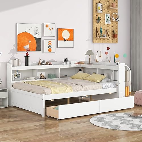 Miniatura 4 de Quarte Delicada cama de plataforma con estanterías en forma de L cama de plataforma de madera de tamaño matrimonial con 2 cajones de almacenamiento