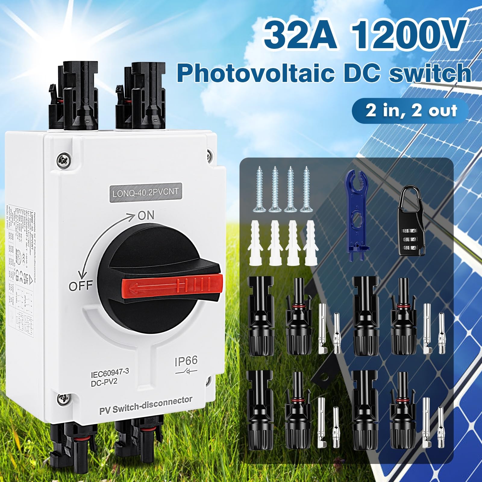 DC Trennschalter PV Anlage 32A 1200V, Solar-Trennschalter-Leistungsschalter DC Trennschalter Leistungsschalter PV Combiner Box,IP66 Wasserdicht, für Solar Photovoltaik (2 Eingänge,2 Ausgänge)