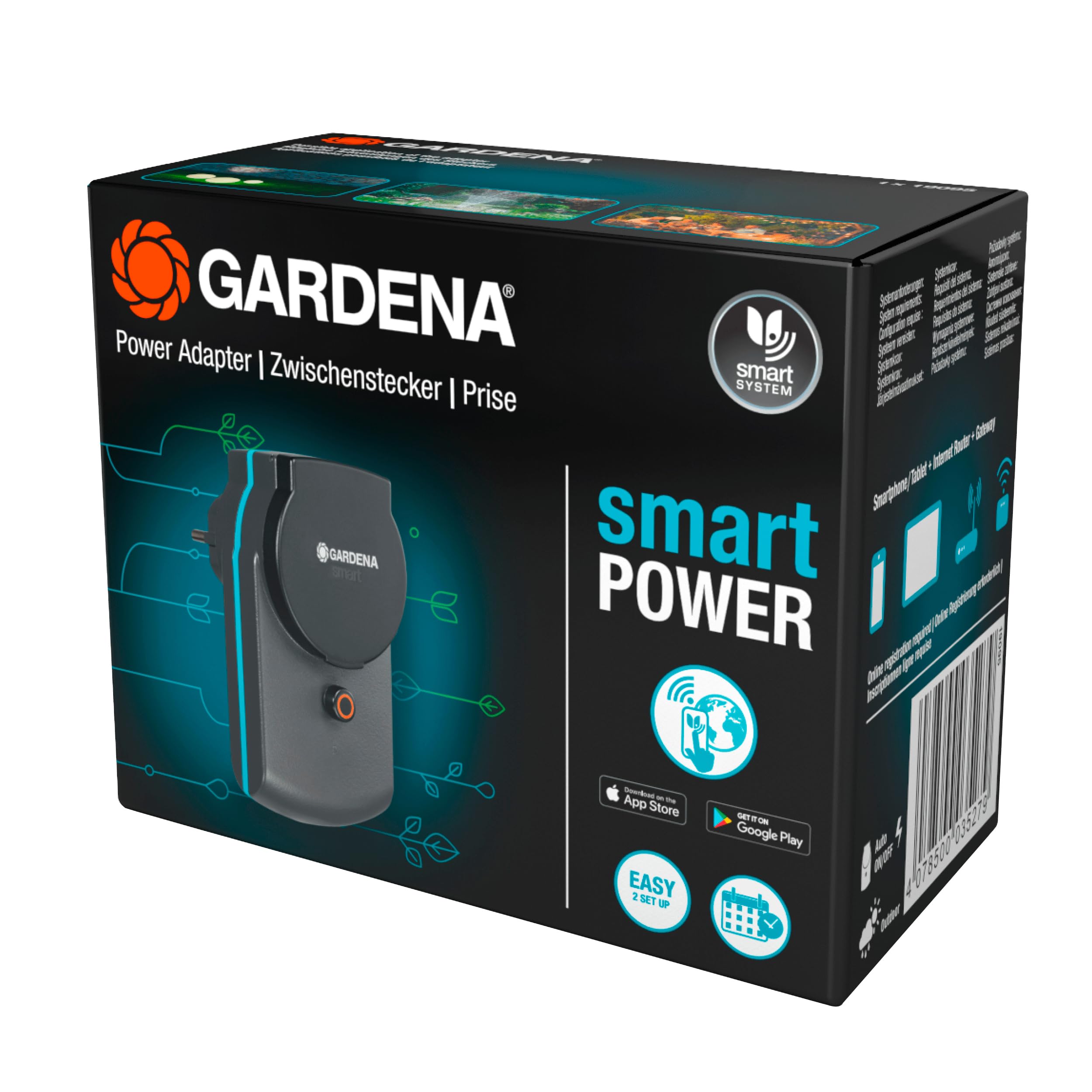 Adaptateur Smart Power de Gardena : connecteur commutable pour l'extérieur pour Le raccordement d'appareils électriques au Smart System de Gardena, p. ex. pour Pompes ou éclairages (19095-20)