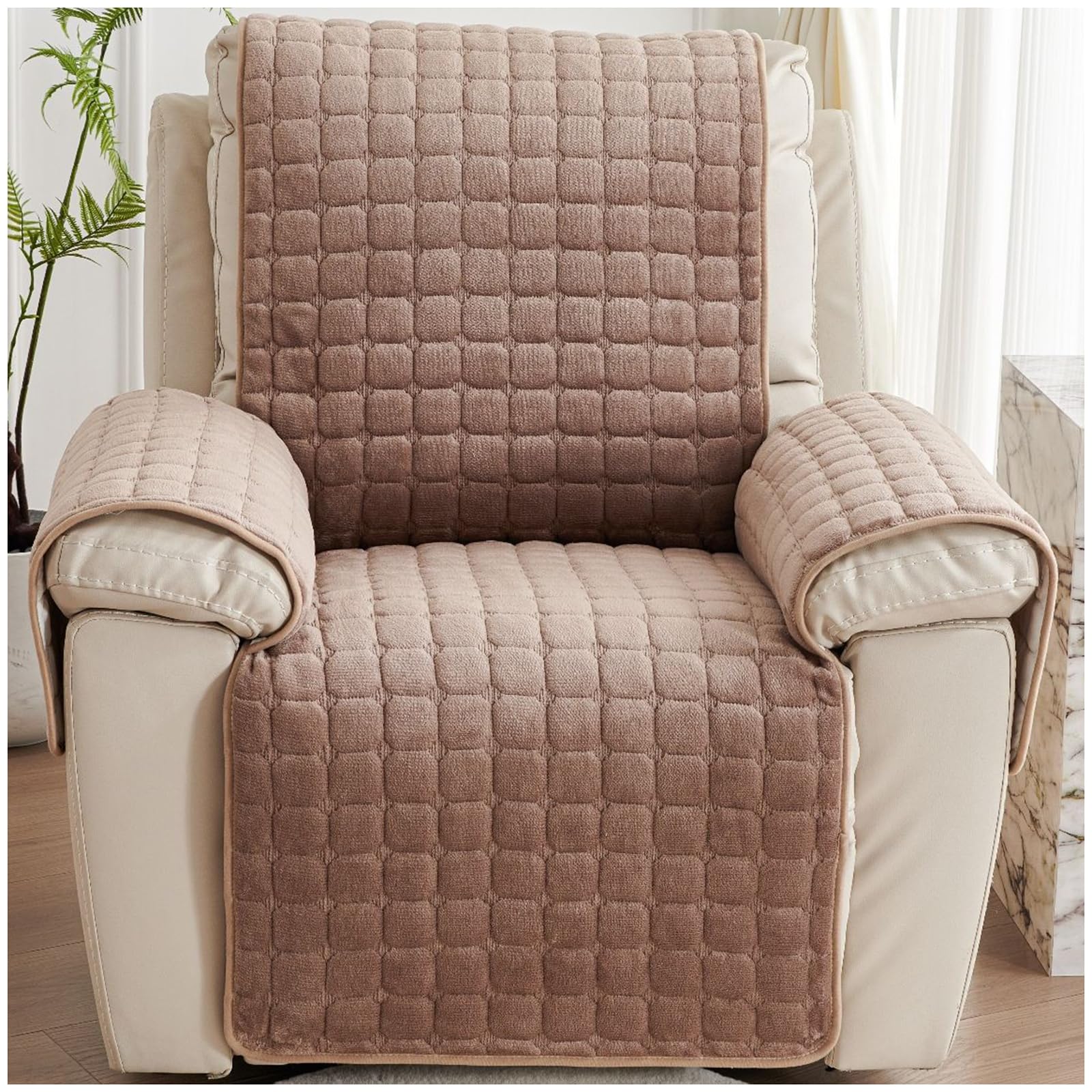 NNSMUN Armchair Covers for Arms Headrest Cover for Winter Square Plush Armchair Slipcover Nonslip & Washable & Abrasion Furniture Protector for Cat Dog Pets (Khaki,167x190cm)