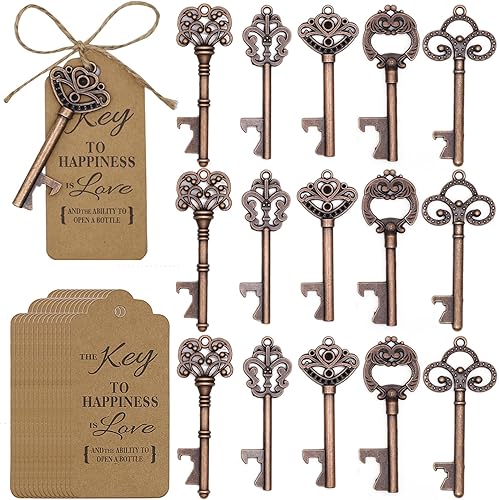 50 llaves de esqueleto de cobre rojo vintage, abrebotellas, regalos de boda, regalos de regreso para invitados con etiqueta de acompañante y cuerda