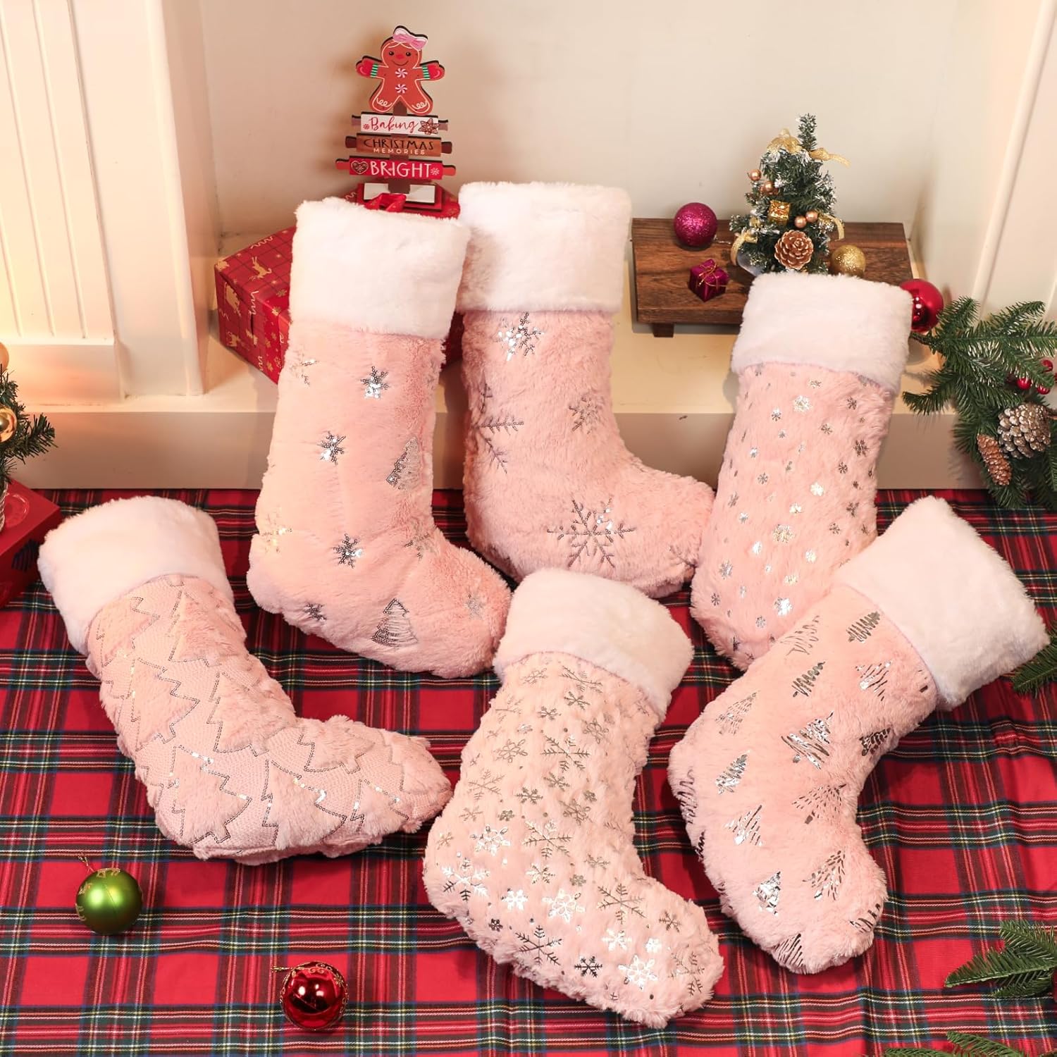 Pink Christmas Stockings Set of 6 - Lage Elegant Faux Fur Xmas Stockings with Silver Christmas Tree Snowflake Designs, Pink Christmas Decoration for Holiday Party Home