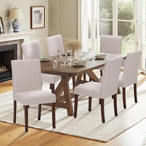 Upholstered Dining Chairs Set of 6 - Line Fabric Modern Farmhouse Kitchen Chairs, High-Back Dining Room Chairs with Wooden Legs