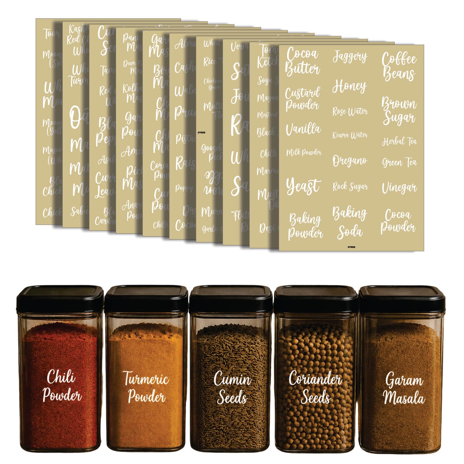 CVANU 208pcs Spice Printed Label Jar Sticker All Name in White Color on Clear Self-Adhesive Vinyl Ingredient Labels for Kitchen Containers-image-10