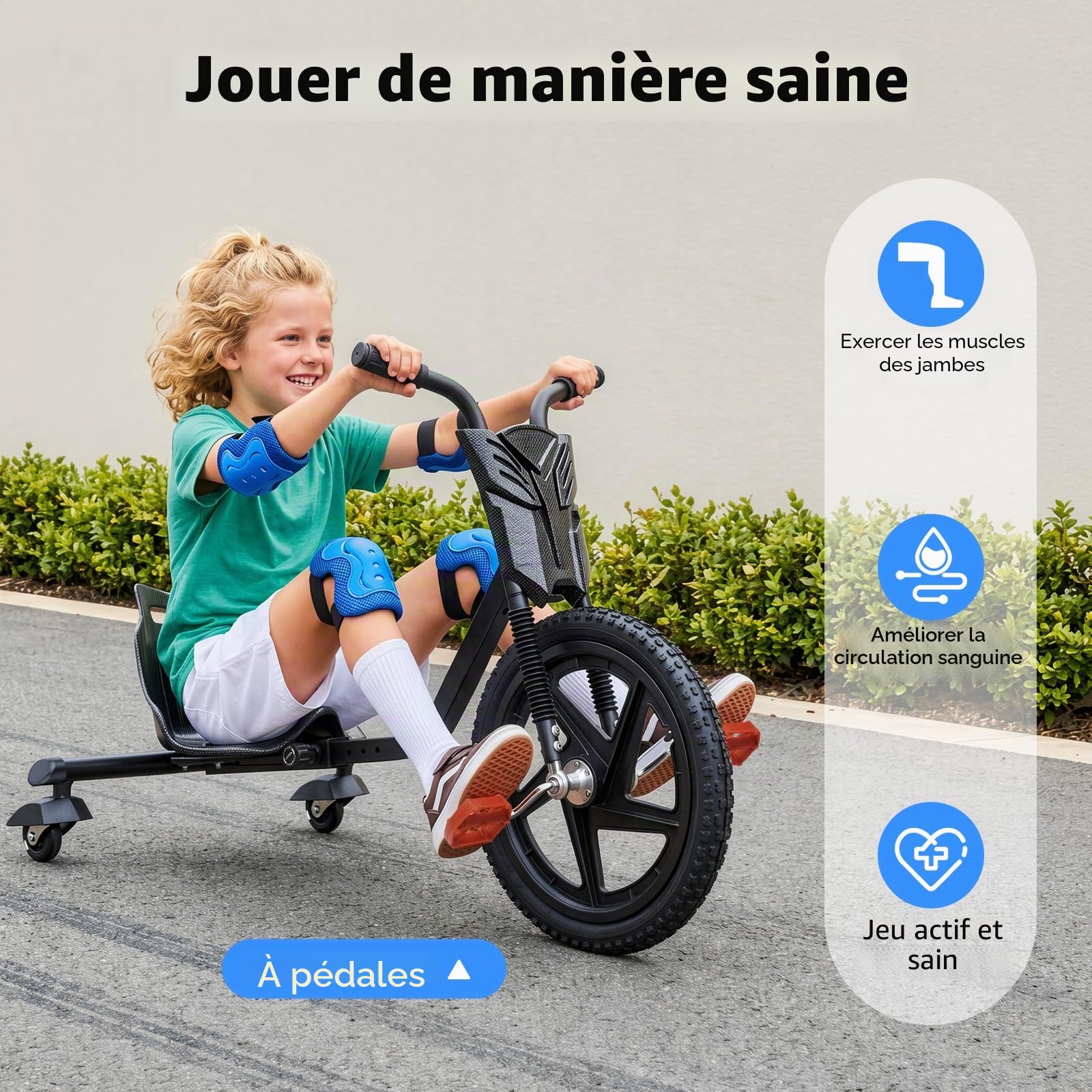 Drift Trike avec entraînement à pédale, Kart pouvant supporter jusqu'à 80 kg, trike pour adolescent, 4 vitesses, véhicule amusant avec construction stable à trois roues, véhicule glissant design
