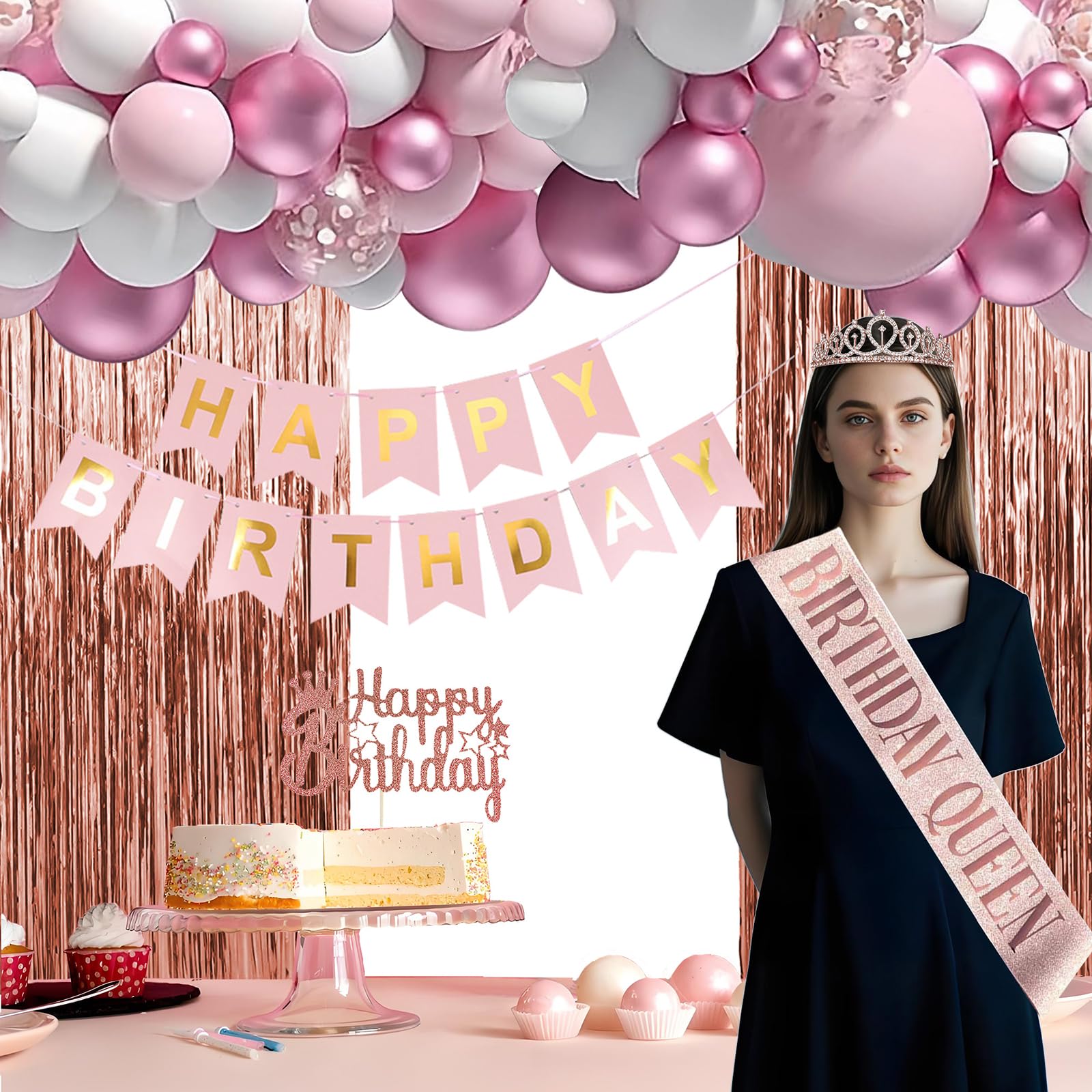 JIUDUOYUAN Pink Birthday Party Decorations Set for Women, Happy Birthday Banner, Fringe Curtain, Crown, Belt, Pink Birthday Balloons for Girls