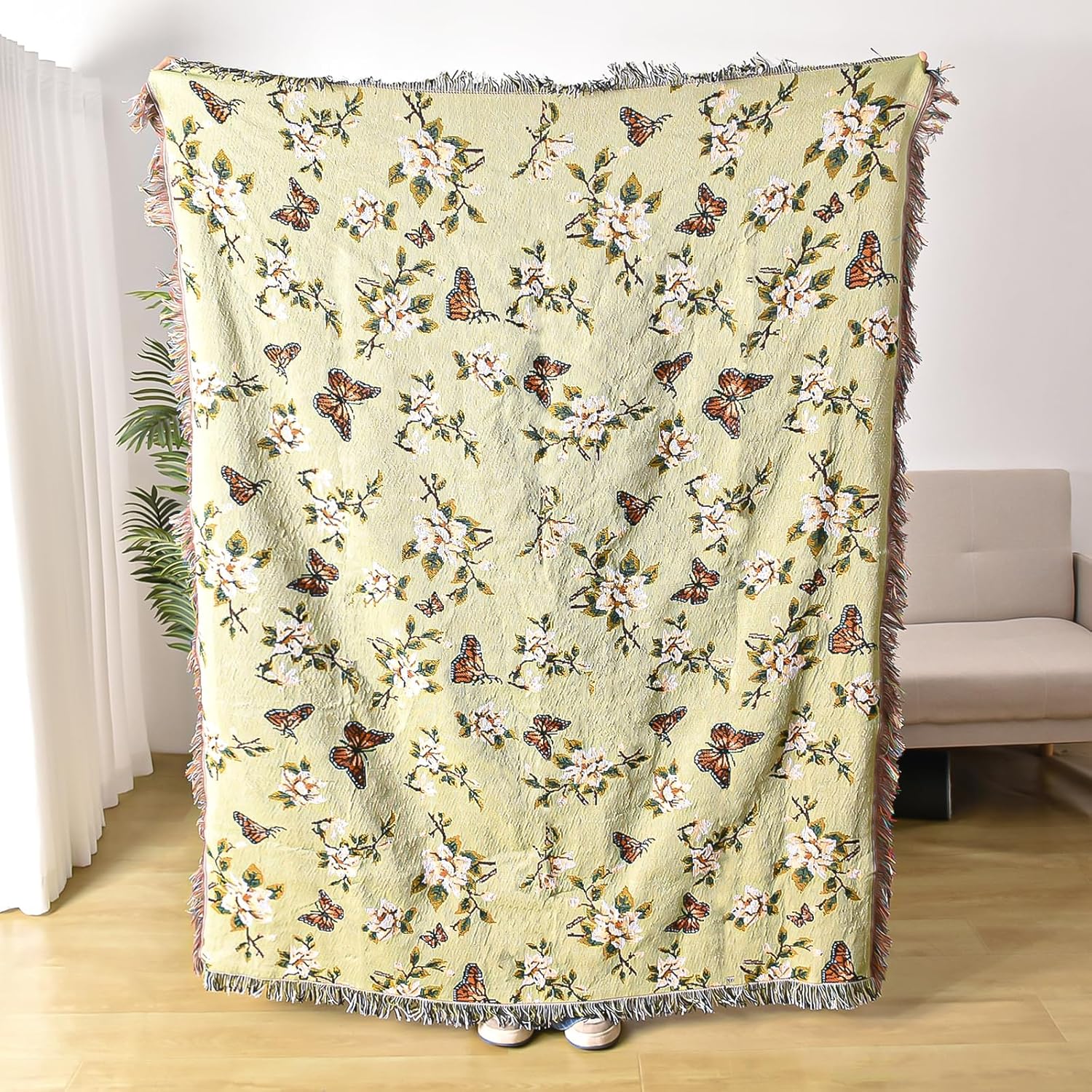 Pattern Throw Blanket for Couch, Throw for Bed, Outdoor Blanket, Retro Decor,51"×63" All Season Ultra Soft Butterfly Throw Blanket with Tassels for Sofa Chair, Green - Image 6
