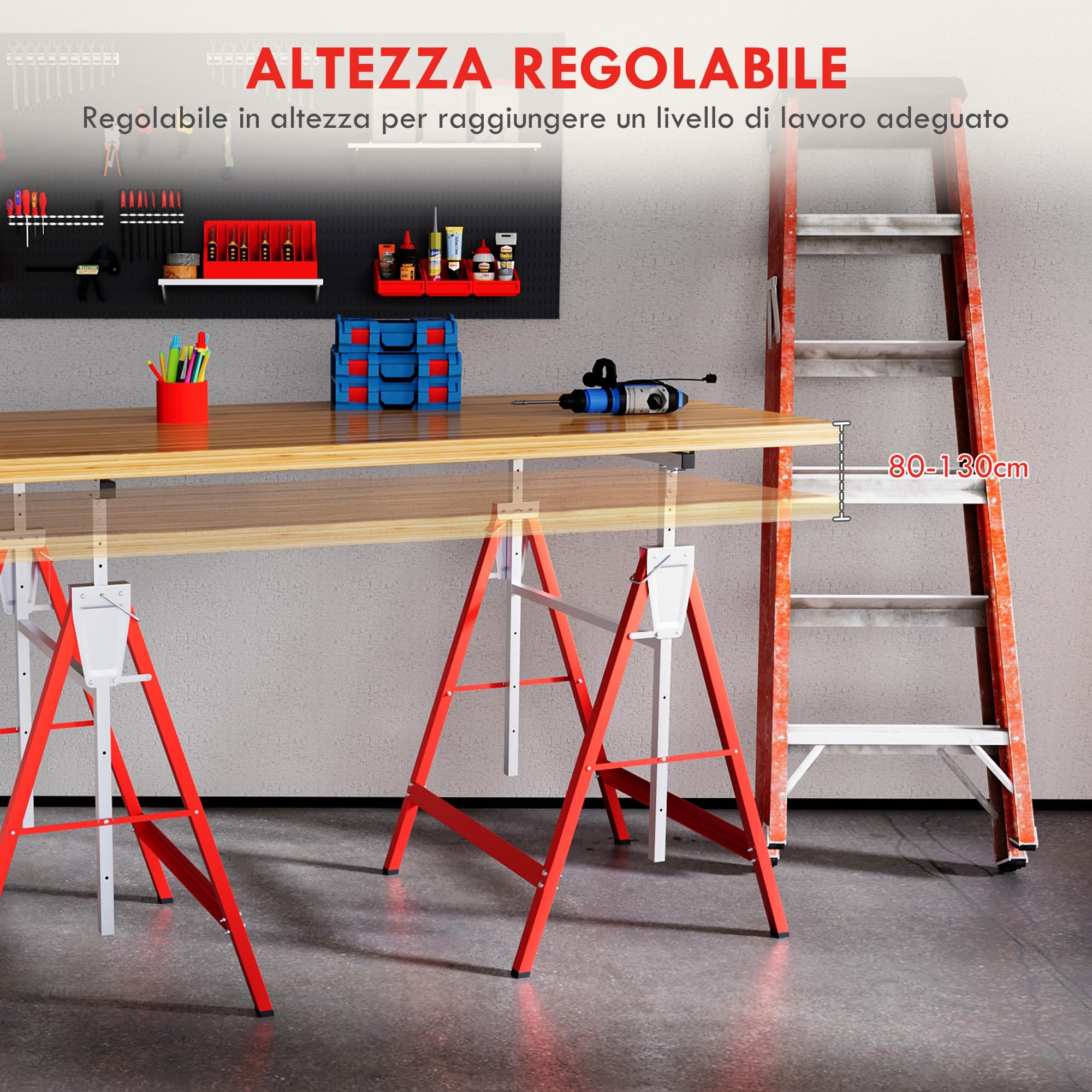 HOMCOM Set 2 Cavalletti da Lavoro Pieghevoli Portata 200 kg, Altezza Regolabili 80-130 cm, Cavalletti Telescopici Salvaspazio in Acciaio per Fai da Te, Garage e Giardino, Rosso e Argento