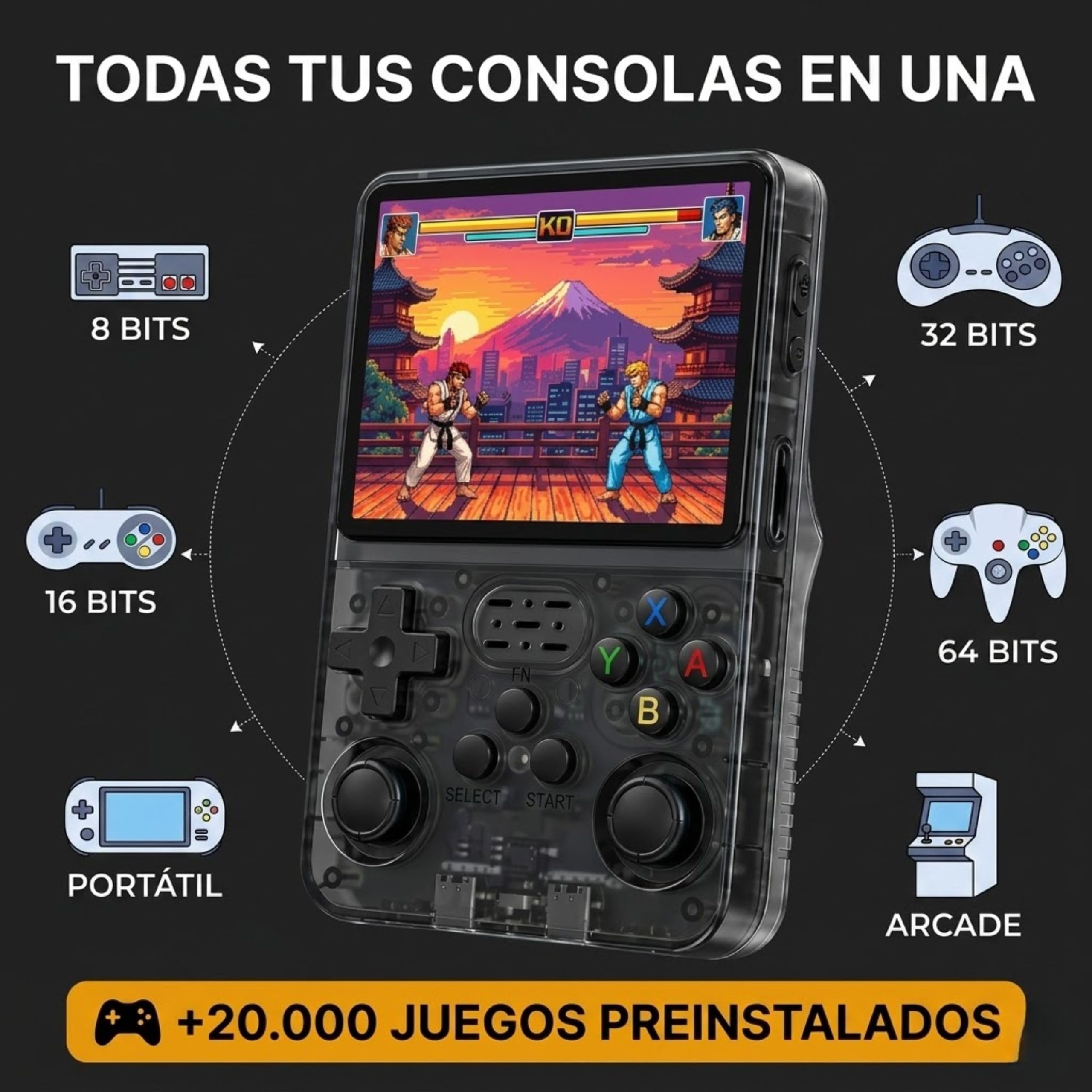 Consola Retro Portatil con 20.000 Juegos - Versión 2025- Mini Consola Arcade - Juegos de PS1, PSP, N64, NDS, SuperN, GameB, GBA, NeoG, etc. - Pantall HD 3.5' 640 * 480 - Rechace Imitaciones (Negro)