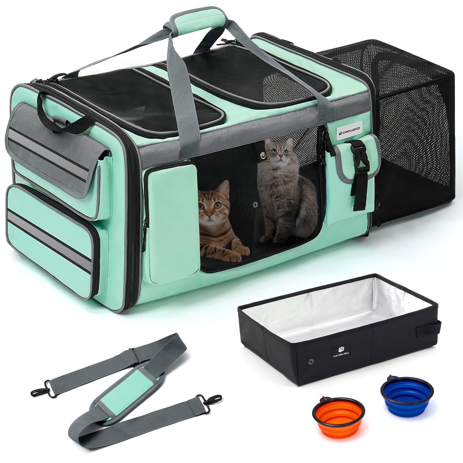 Odoland Extra Large Pet Carriers for 2 Cats Expandable Foldable Cat Travel Carrier Bag with Litter Box - Portable Dog Cat Soft-Sided Transport Carrier for Car Travel, Green