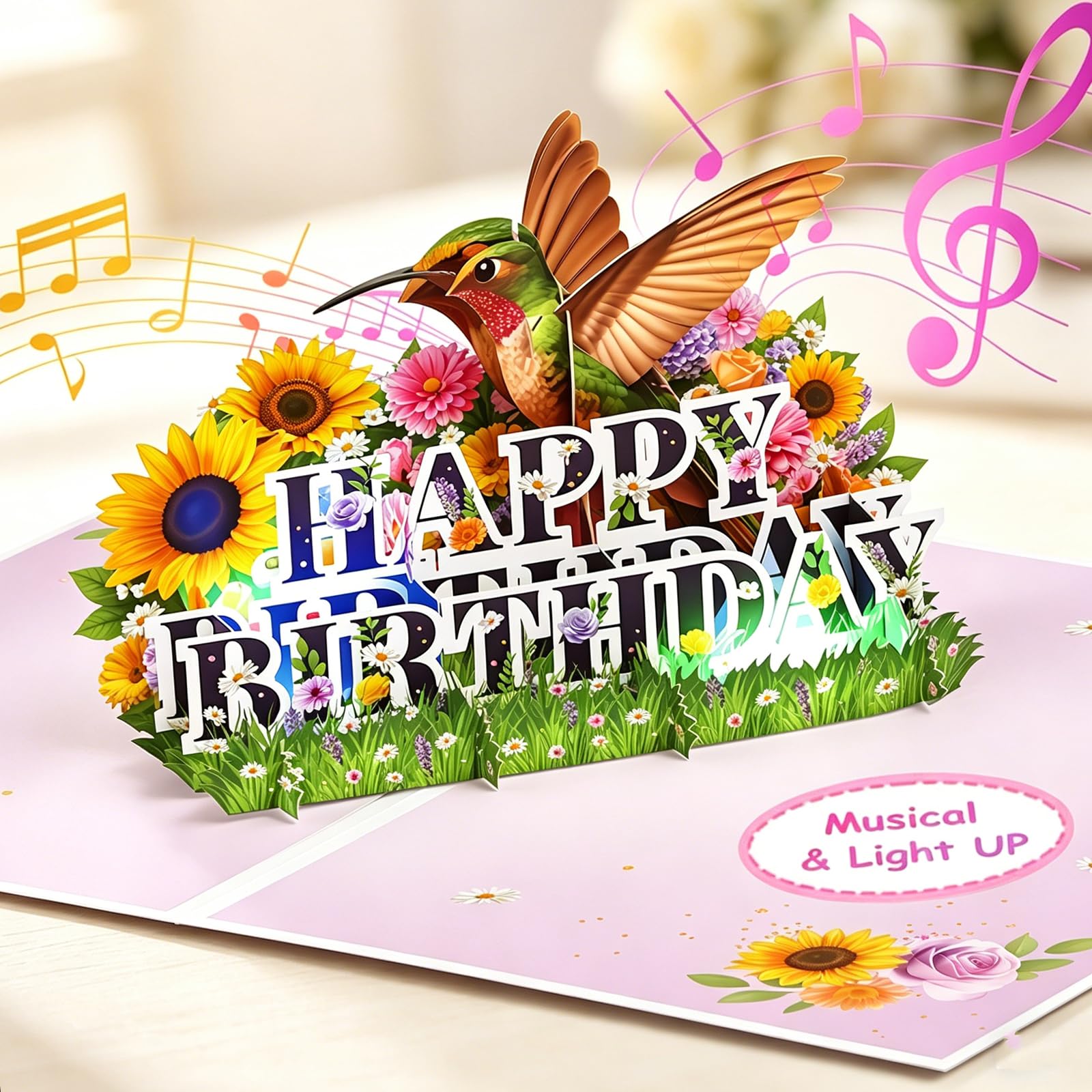 Birthday Card, Happy Birthday card with Music&Light, 3D Pop Up Hummingbird Flowers, Forever Flower Bouquet, Happy Birthday Cards for Women,Gift for Women,Mum,Wife,Daughter