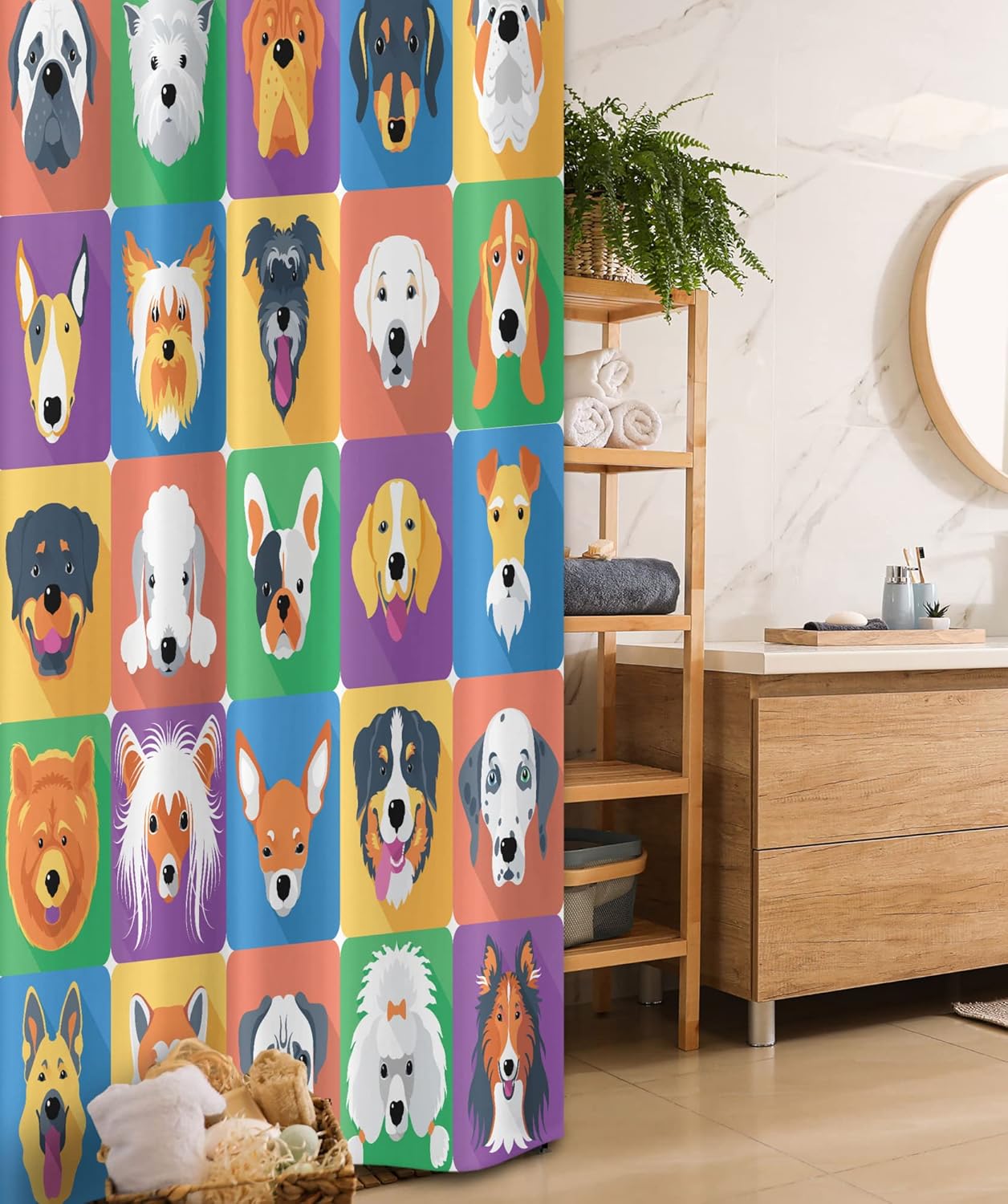 Ambesonne Dog Stall Shower Curtain, Dog Breeds Profiles Pets Shepherd Terrier Labrador Domestic Animals Illustration, Fabric Bathroom Decor Set with Hooks, 36" W x 72" L, Purple Green