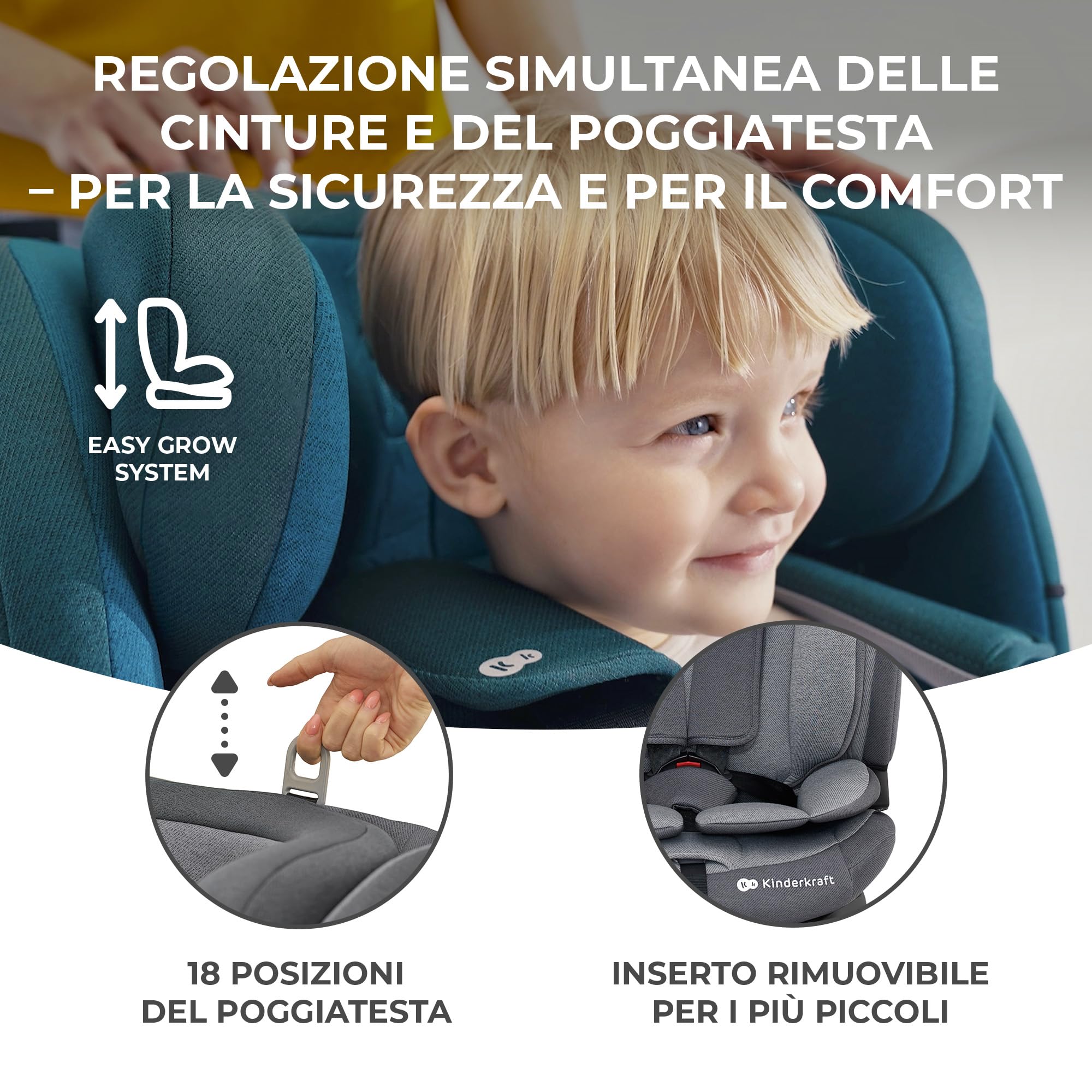 Kinderkraft ONETO3 I-SIZE 76-150 cm Seggiolino Auto 9-36 kg isofix, Alzatina auto bimbi, Poggiatesta regolazione, Cinture di sicurezza, Facile da pulire, Nero