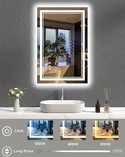 Miniatura 3 de Espejo de baño de 24 x 36 pulgadas con luces, espejo de tocador LED para baño montado en la pared con triple brillo por 2 luces delanteras y 1