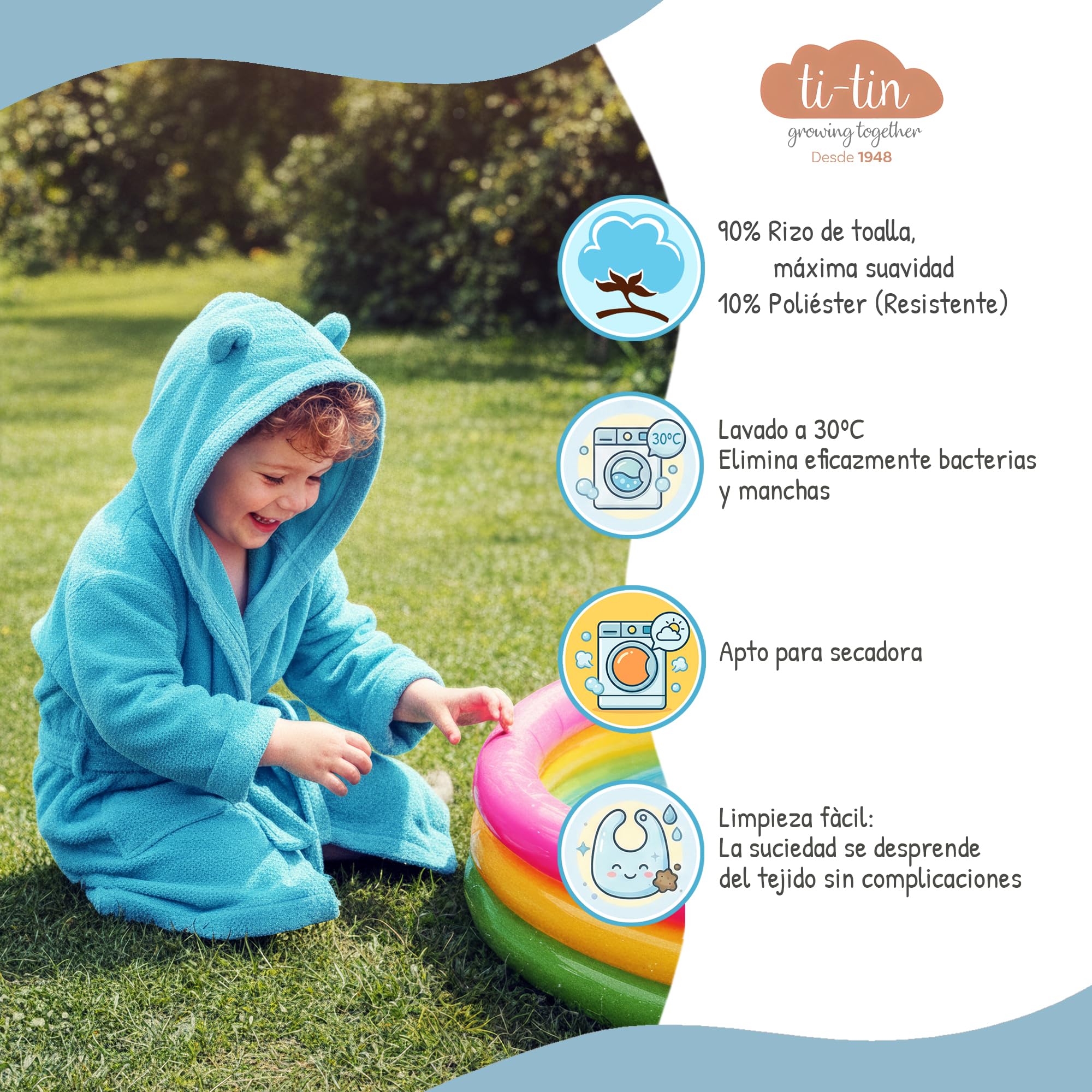 Albornoz Infantil Ti TIN con Capucha y Bolsillos Laterales 100% Algodón Rizo de Toalla