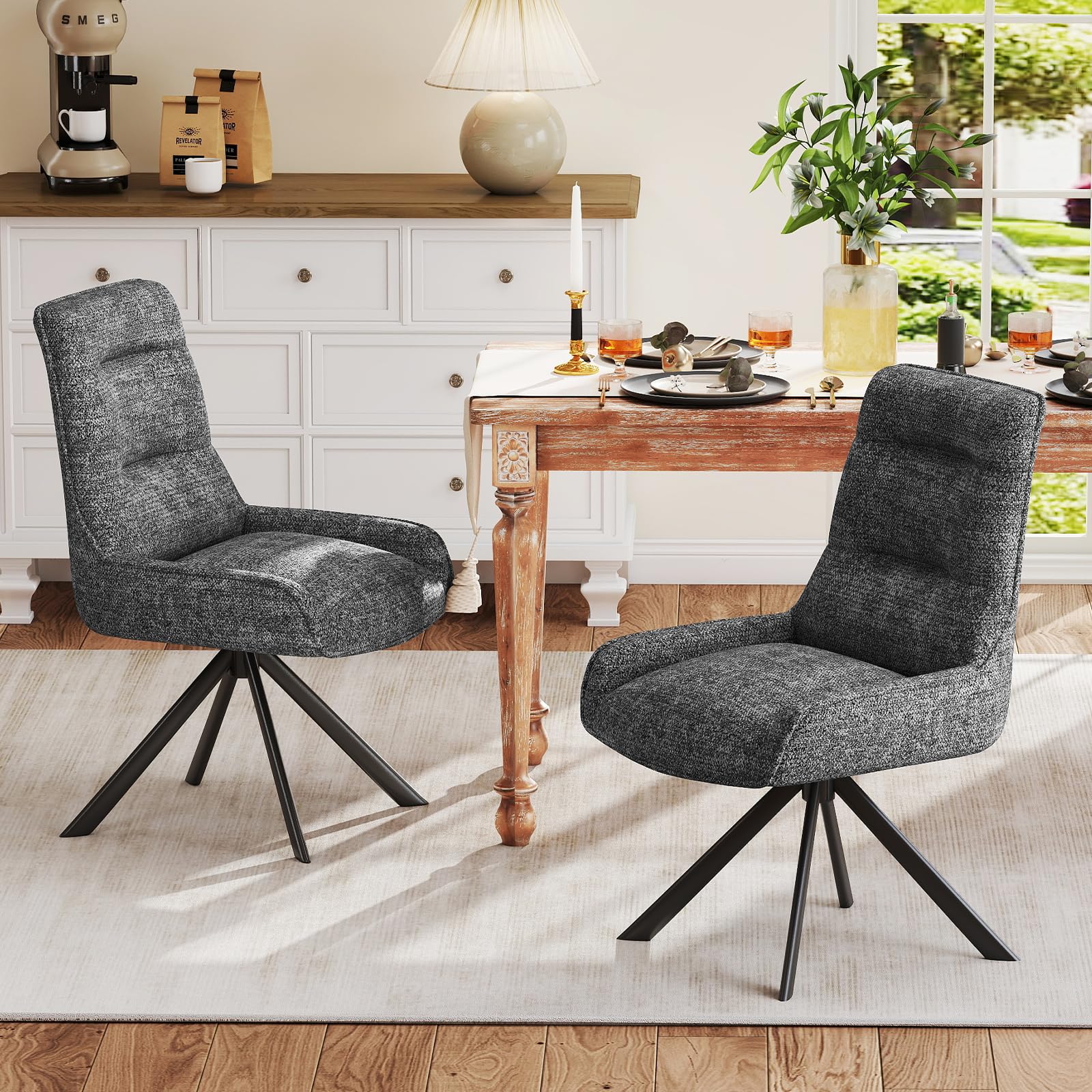 Drehstuhl Esszimmer, 4er Set 360° Drehbar Esszimmerstuhl, Küchenstuhl, Polsterstuhl aus Chenille, Schminkstuhl mit Hoher Rückenlehne und Metallbeine für Esszimmer Küche Büro, Dunkelgrau