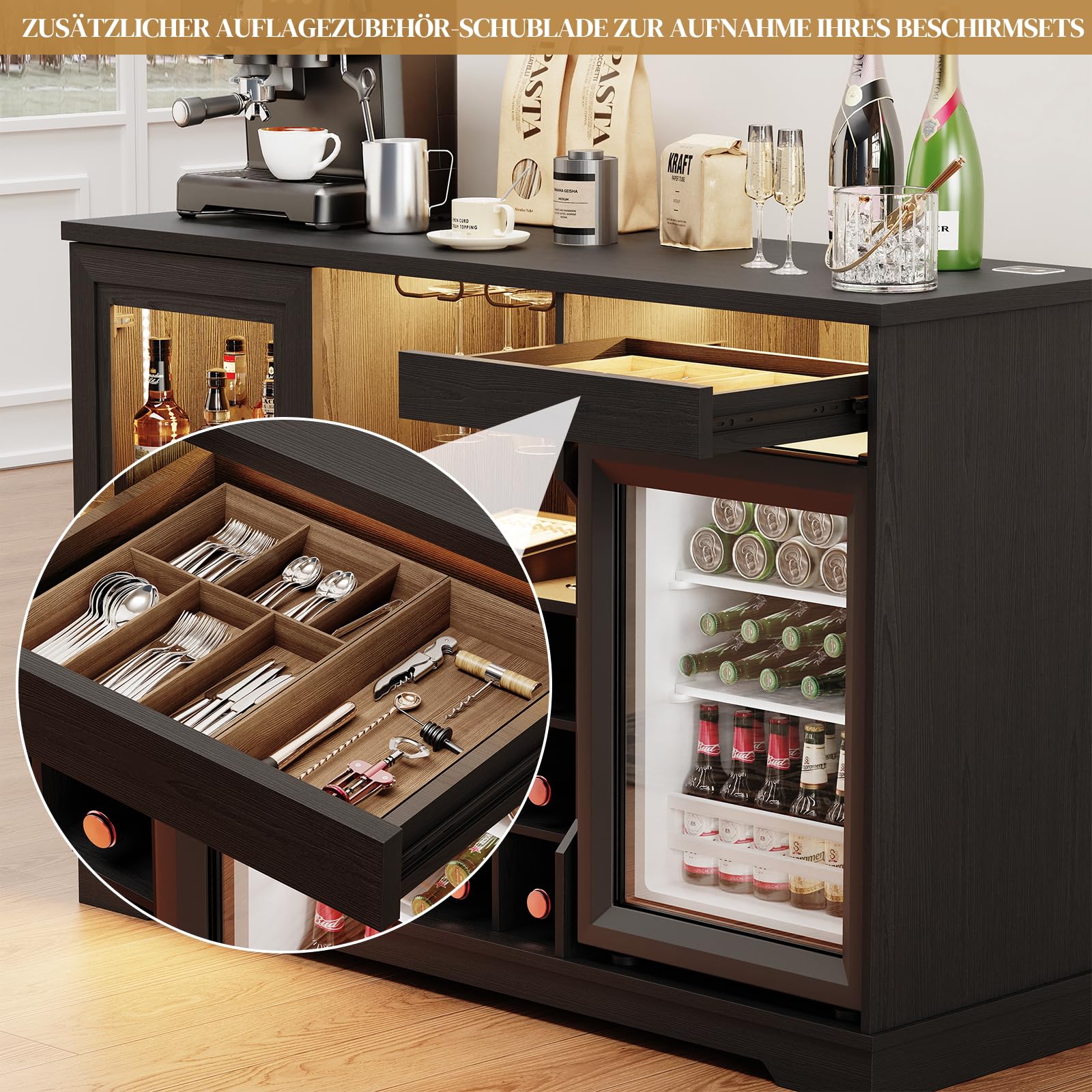 BROTTAR Barschrank mit Kühlschrank (inklusive), weinkühlschrank mit LED-Beleuchtung, Getränkeschrank Sideboard mit Bewegungssensor, Weinschrank für Wohnzimmer Küche Esszimmer (Schwarz)