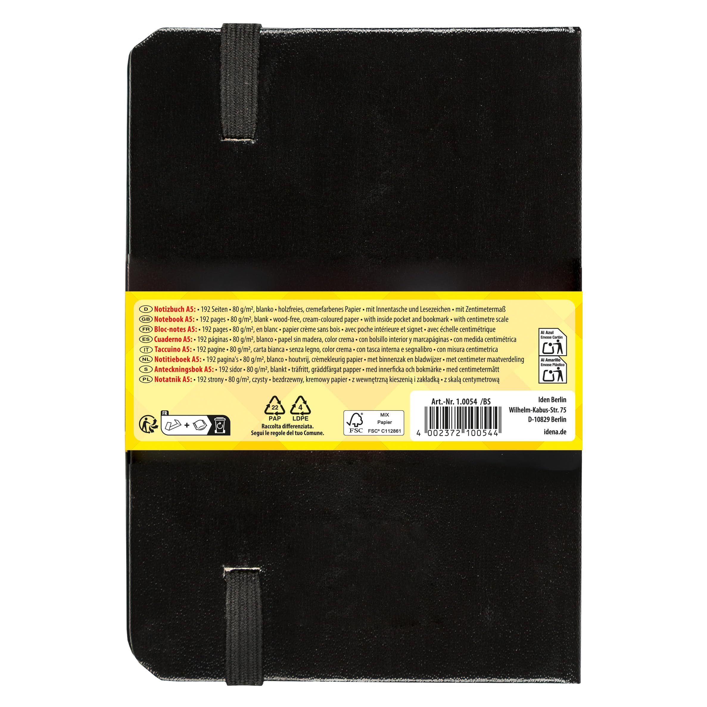 Idena 10054 - Notatnik DIN A5, pusty, papier kremowy, 192 strony, 80 g/m², twarda okładka w kolorze czarnym, 1 szt.
