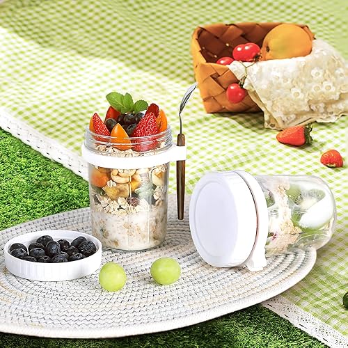 Miniatura 2 de Xigugo Recipiente de avena con tapa y cuchara, tarros de avena durante la noche, 10 onzas, recipiente de almacenamiento de ensalada de leche,