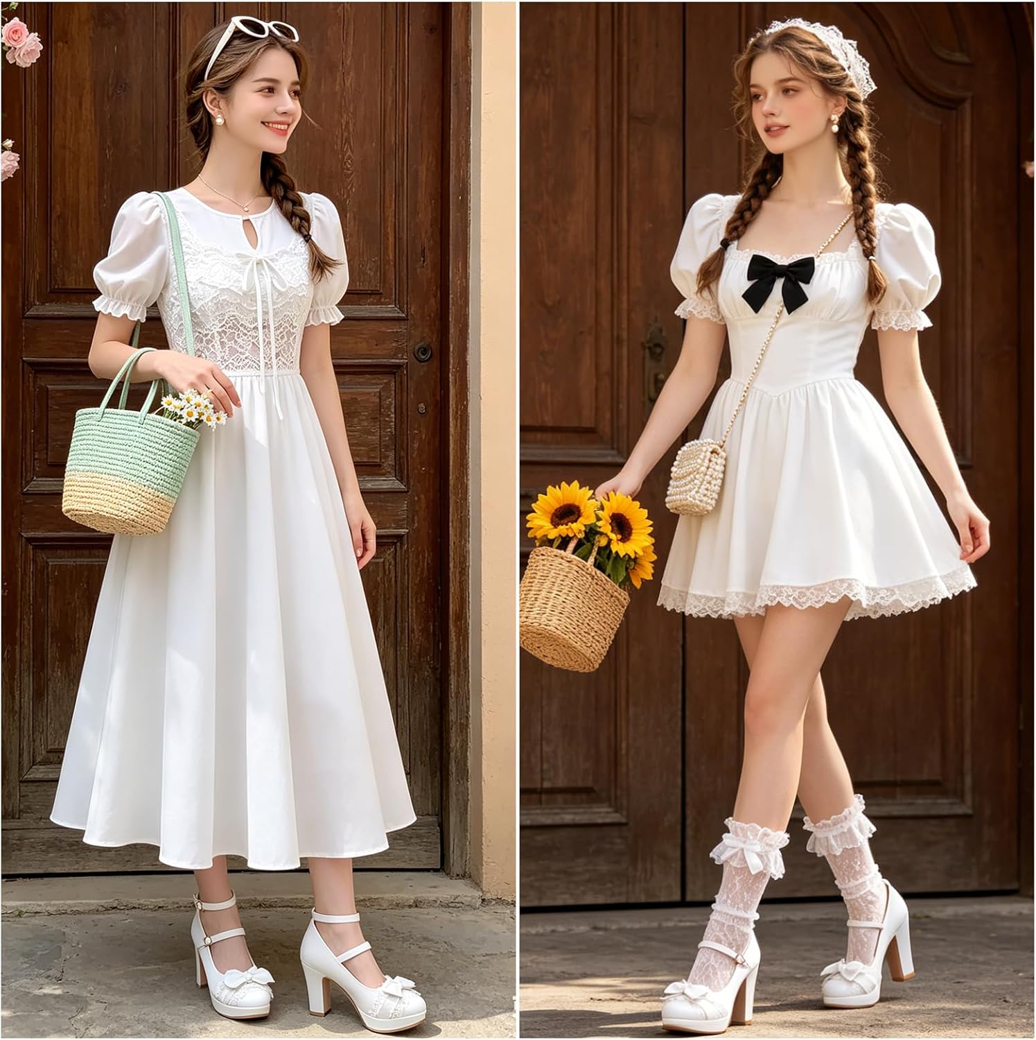 MEOTINA Mary Janes Shoes for Women Cute Bow Platform Heels Lace Closed Toe Kawaii Shoes Vintage Ankle Strap Dress Pumps White/Pink/Black/Yellow