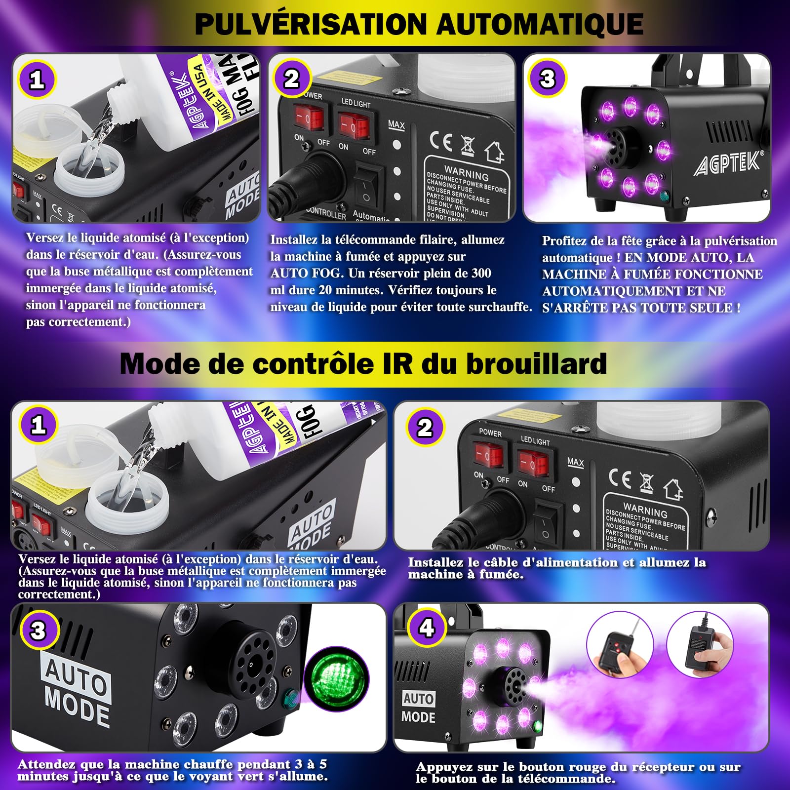AGPTEK Machine à fumée télécommande avec 13 lumières LED colorées, puissance de 2000CFM avec 2 télécommandes sans fil, parfait pour mariage, Halloween et spectacles