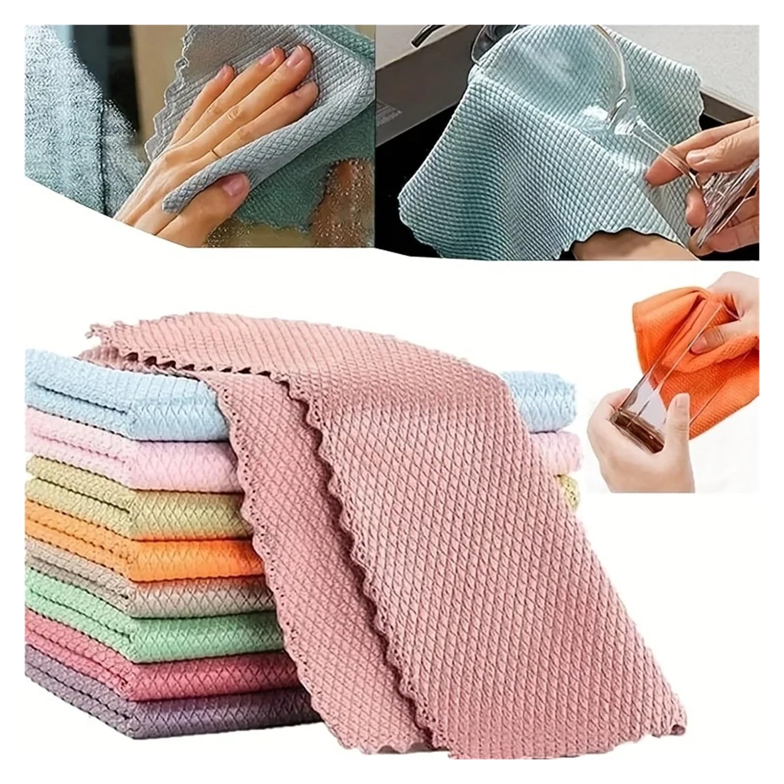 Glasreinigungstuch, fusselfrei, for Fenster, Auto, Küche, Spiegel, spurlos, wiederverwendbar, Fischschuppen-Poliertuch(20pcs)