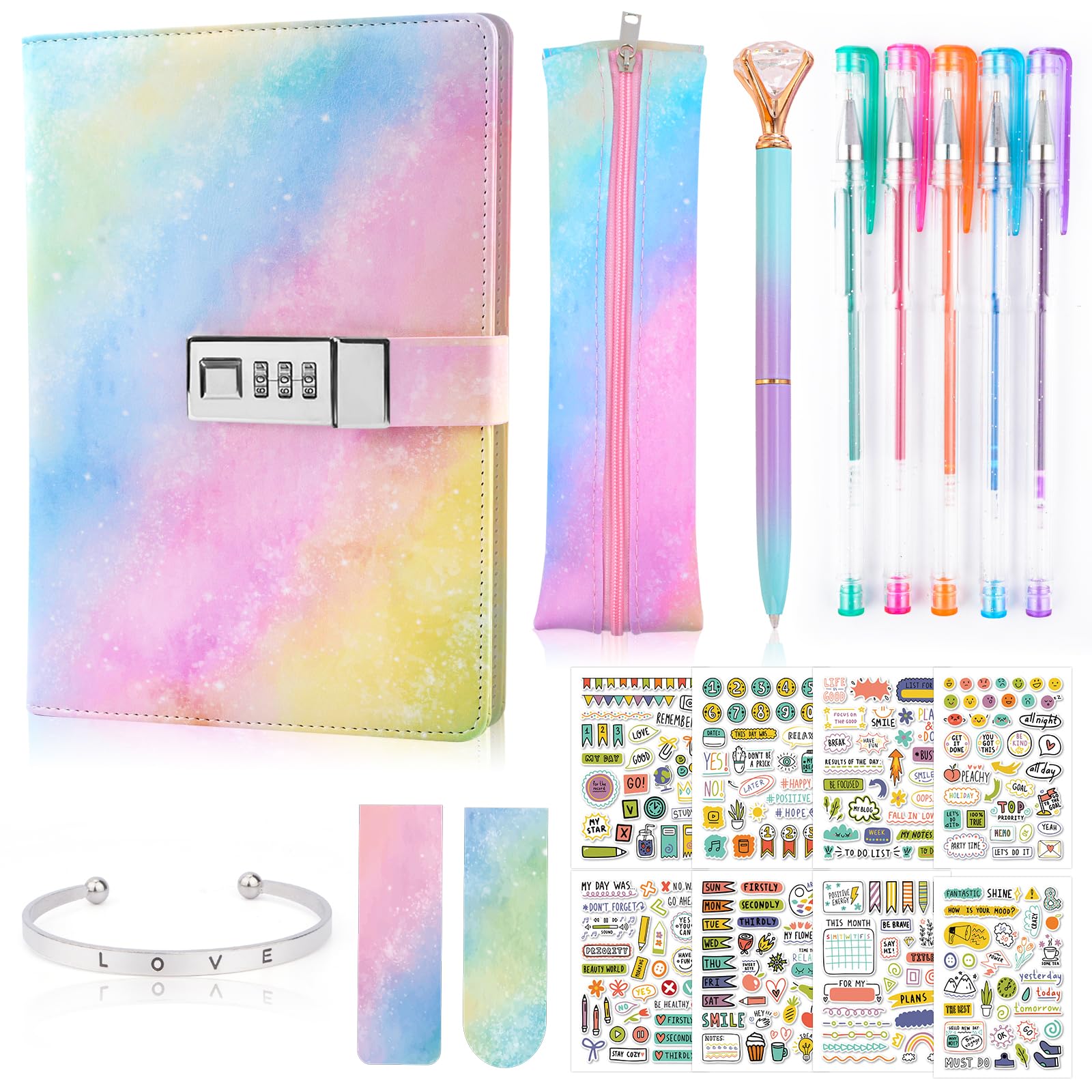 Diary for Girls Age 8-12, Diary with Lock Birthday Gifts for Teen Girls, DIY Rainbow Journal with Pen Pencil Case Bookmark Stickers, Gifts for Girls Kids Secret Journal for Girls 9 10 11 12 13 Teens