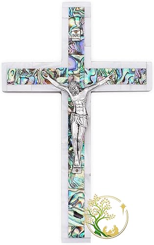 Small Decorative Mother of Pearl wall cross handmade in the Holy Land olive wood wall crucifix Catholic wooden cross Made by Christians in the