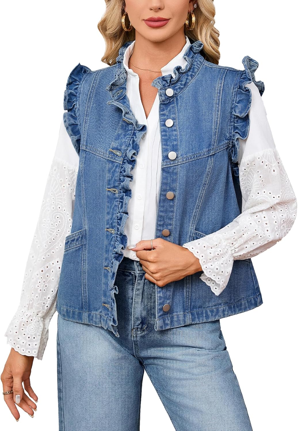 Women's Ruffled Sleeveless Denim Vest Summer Causal Button Down Jean Vest Top Sleeveless Jacket