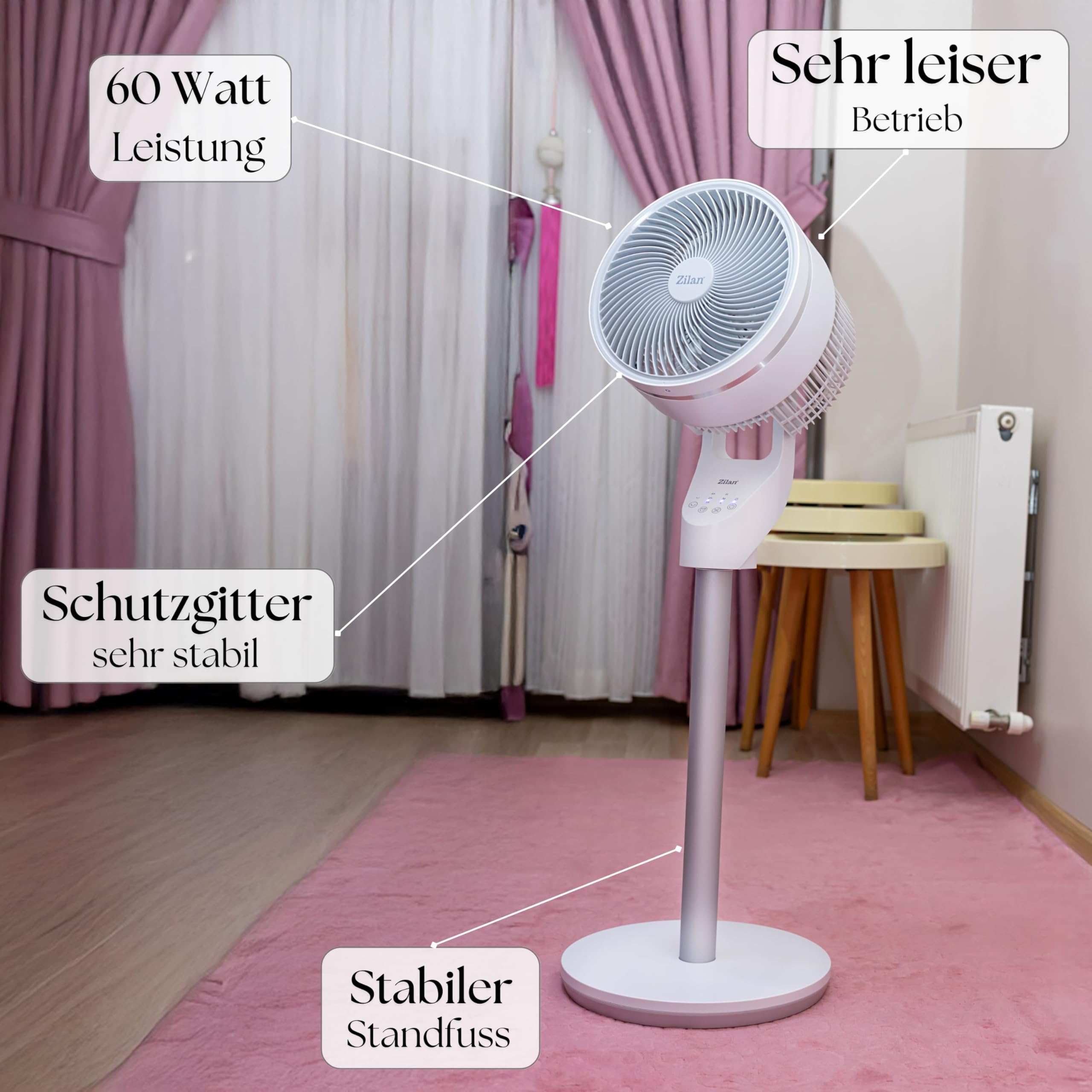 Zilan Standventilator leise mit Fernbedienung kraftvoller Ventilator mit Timer 60W energiesparend 3 Stufen hoher Luftdurchsatz oszillierend Bodenventilator Aircooler Standlüfter (Weiß mit FB)