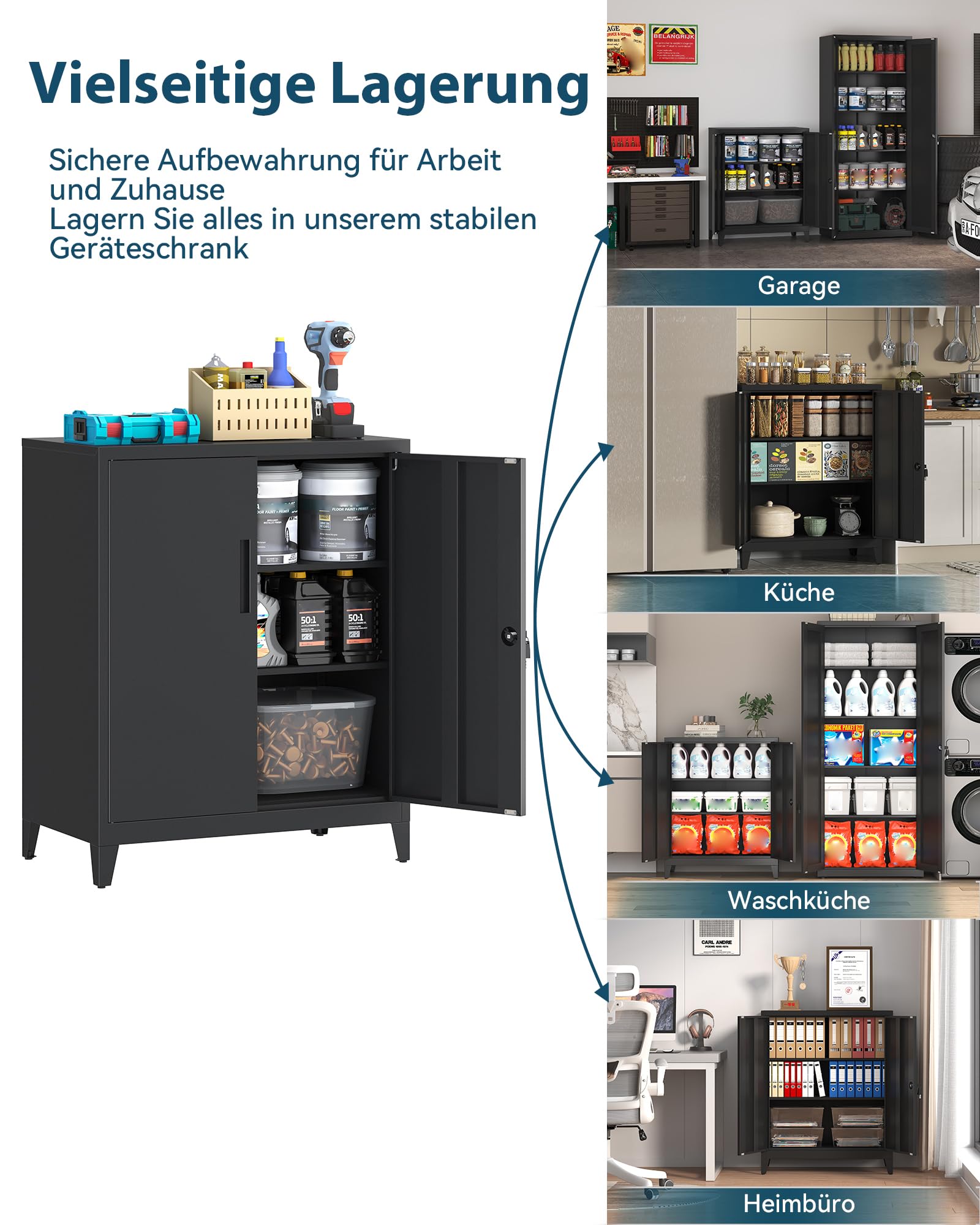 Aktenschrank, abschließbarer Garagenschrank, 2 Ebenen Büroschrank, Werkstattschrank mit verstellbaren Regalen, für Büro, Garage und Hauswirtschaftsraum, 40 x 80 x 100 cm, Schwarz