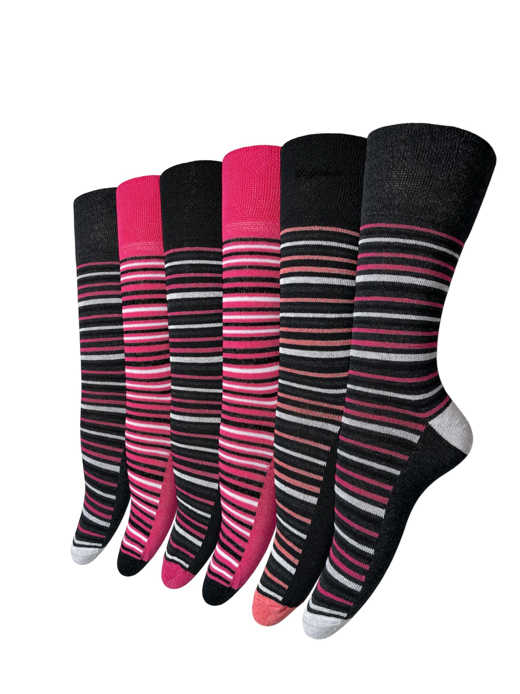Qz Fashion Women's Multicolour 6 Pairs Loose-Top Non-Elastic Socks, (Pack Of 6) Cotton, Bright Colours Diabetic Socks Uk Size 4-7, Eur Size 37-42 (Striped Print, Cotton)