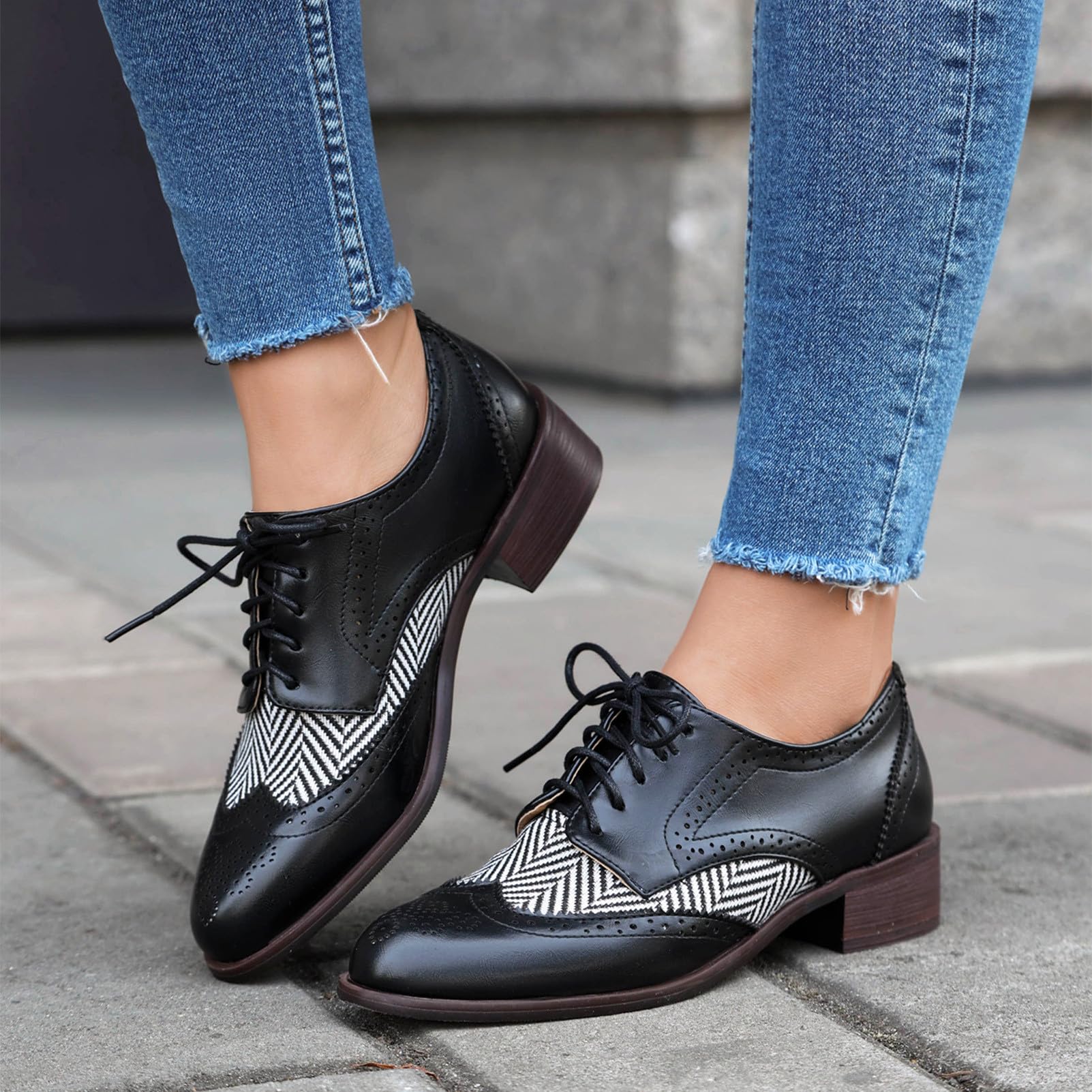 rismart Donna Classico Stringato Wingtips Tacco Grosso Contrastante Oxfords Scarpe Eleganti