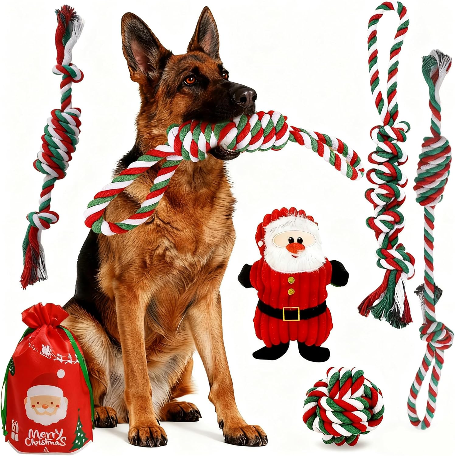 Christmas Dog Toy Set for Medium & Large Dogs - 7pcs Festive Chew Toys (5 Cotton Rope, 1 Squeaky Santa Plush, 1 Gift Bag) | Safe Durable Teeth Cleaning Holiday Dog Gifts for Heavy Chewers